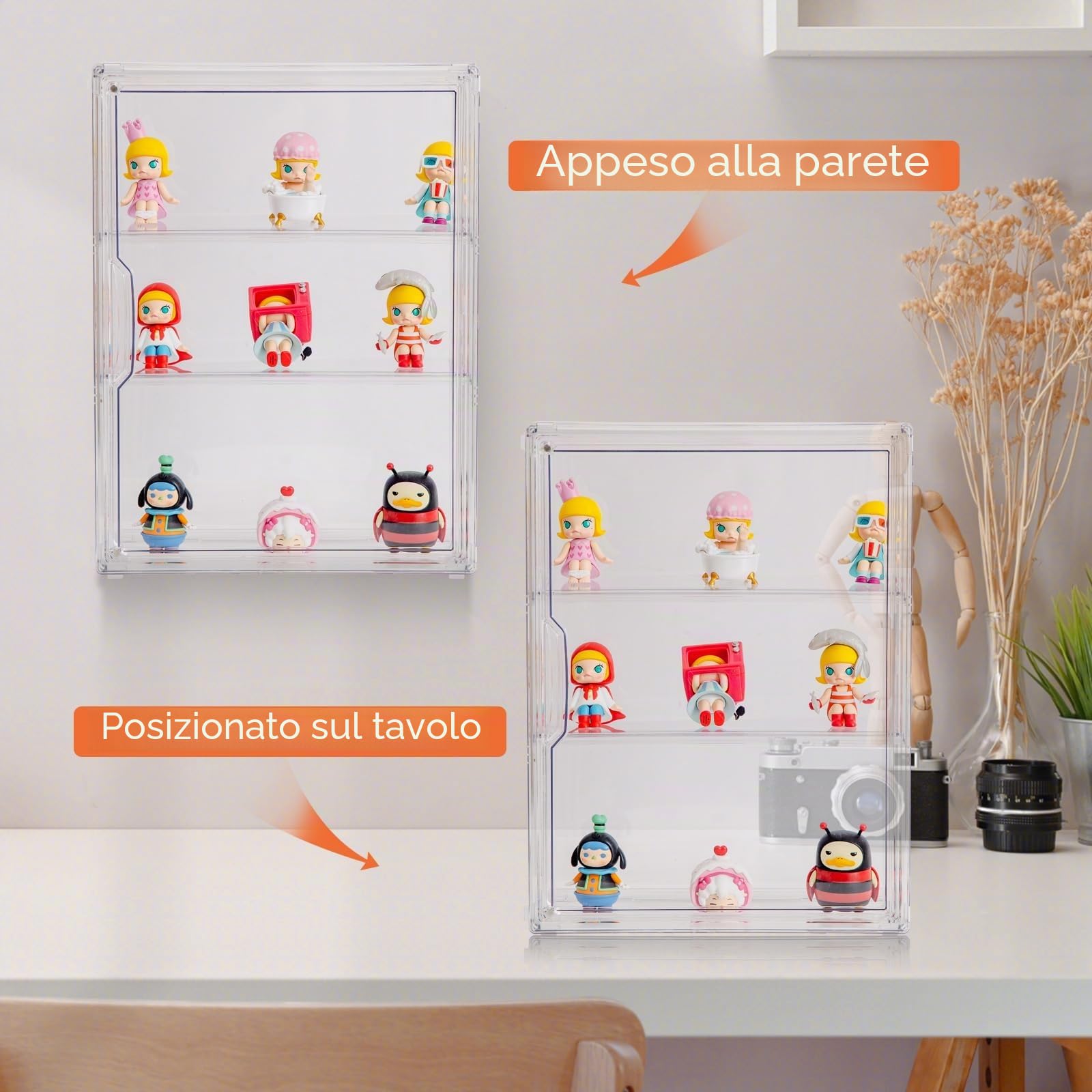 BOHOIDEE Vetrina trasparente a 3 livelli per figure, scatola organizer in acrilico con porta magnetica, vetrina antipolvere a parete per action figure da collezione