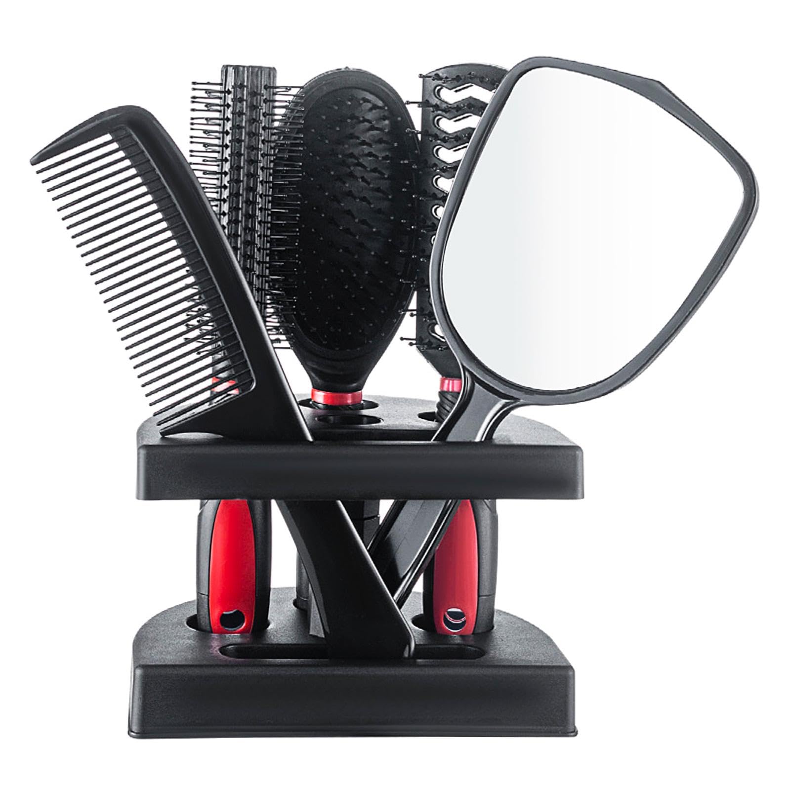 5Pcs Hair Comb Brush Set with Mirror Hairbrush Holder, Professional Massage Combs Cosmetics Hair Styling Tools Sets for Women Ladies Adults Kids(Red)
