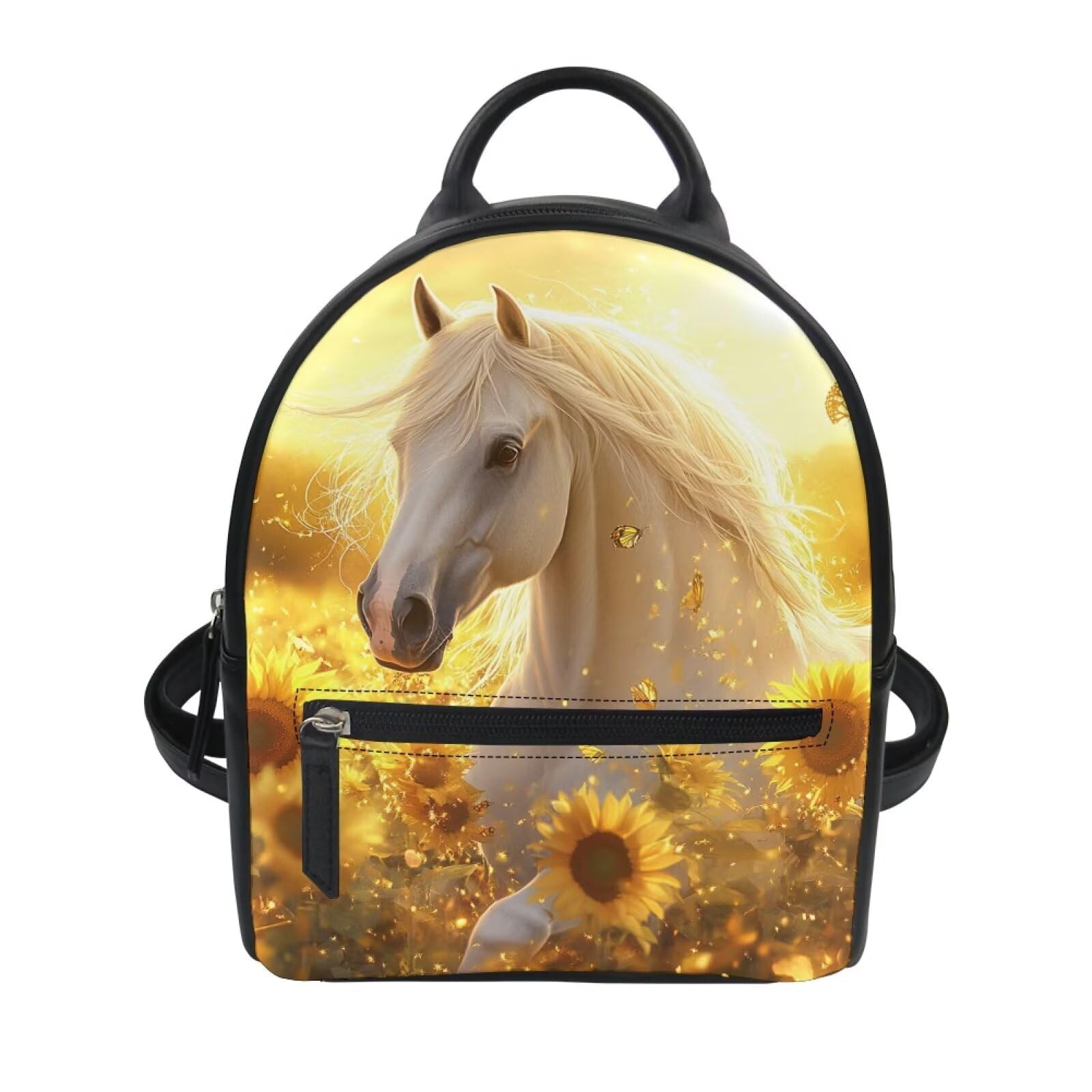 FOR U DESIGNS Compact Sunflower Horse Mini Backpack 9.2x7.2x3.9 Inch Anti-Theft PU Leather Shoulder Bag Lightweight Multiple Pockets for Hiking Gym Work Small