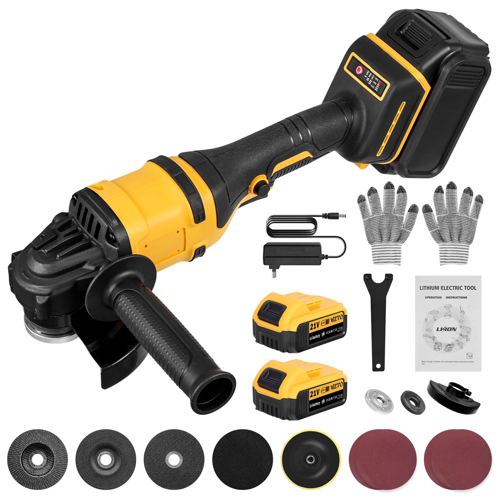 Smerigliatrice angolare a batteria da 21 V con motore brushless, batteria e caricabatterie, dischi da taglio da 125 mm per separare, levigare e lucidare, 30.000 giri/min (due batterie)