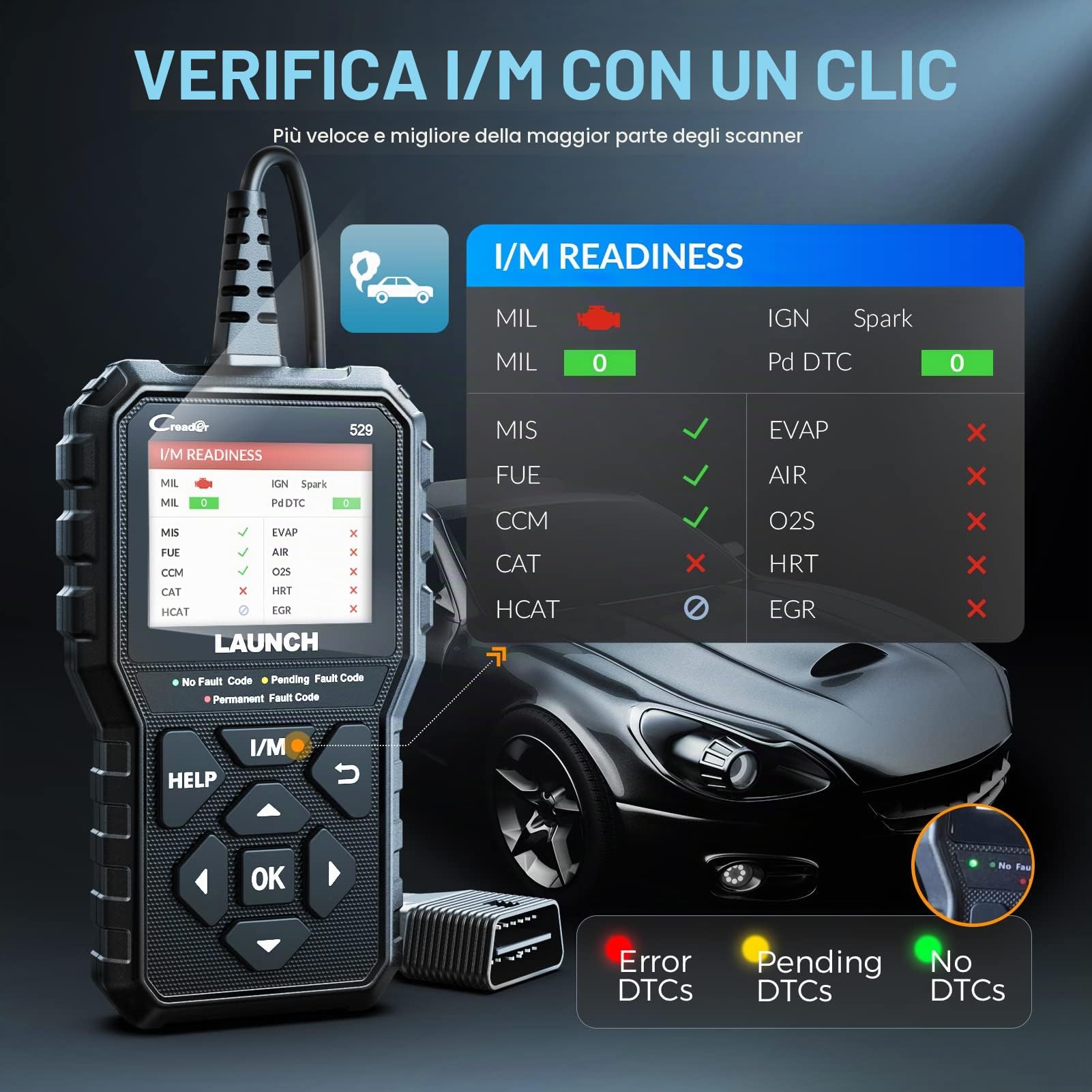 LAUNCH CR529 OBD2 Diagnostica Lettore Codici Test Smog O2 EVAP | Controllo smog con un clic, spegnimento spia motore, dati grafici, plug&play, ampia compatibilità