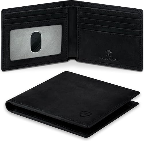 RUNBOX Genuine Leather Bifold Wallet for Men - RFID Blocking Slim Wallet with 9 Card Slots, 1 ID Window & Bill Compartment - Gift Box Packaging