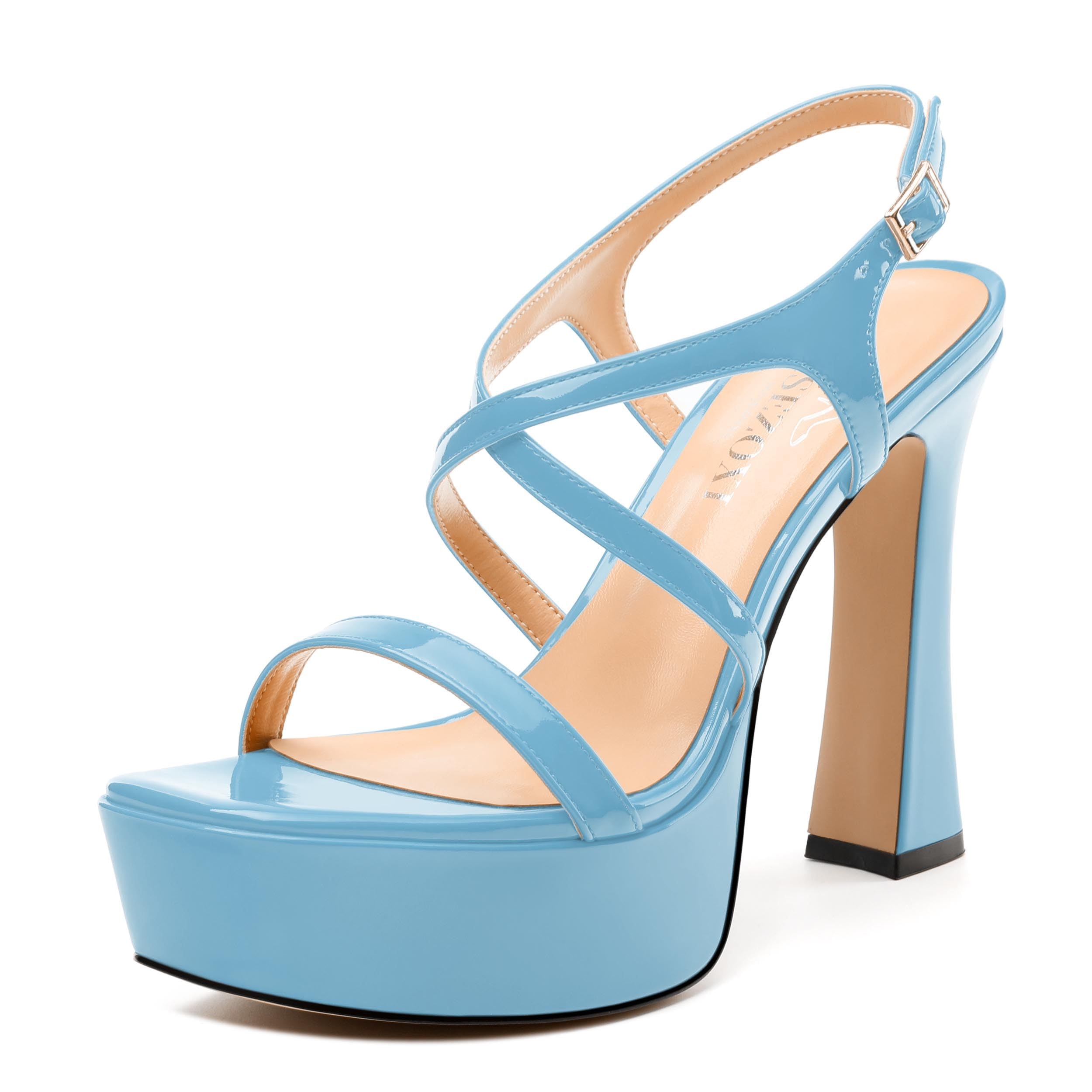 MISEZOXI Square Toe Heeled Platform Sandals, Criss-cross Straps High Block Heel Sandals, Open Toe Slingback Strappy Sandals, Wedding Party Dress Shoes