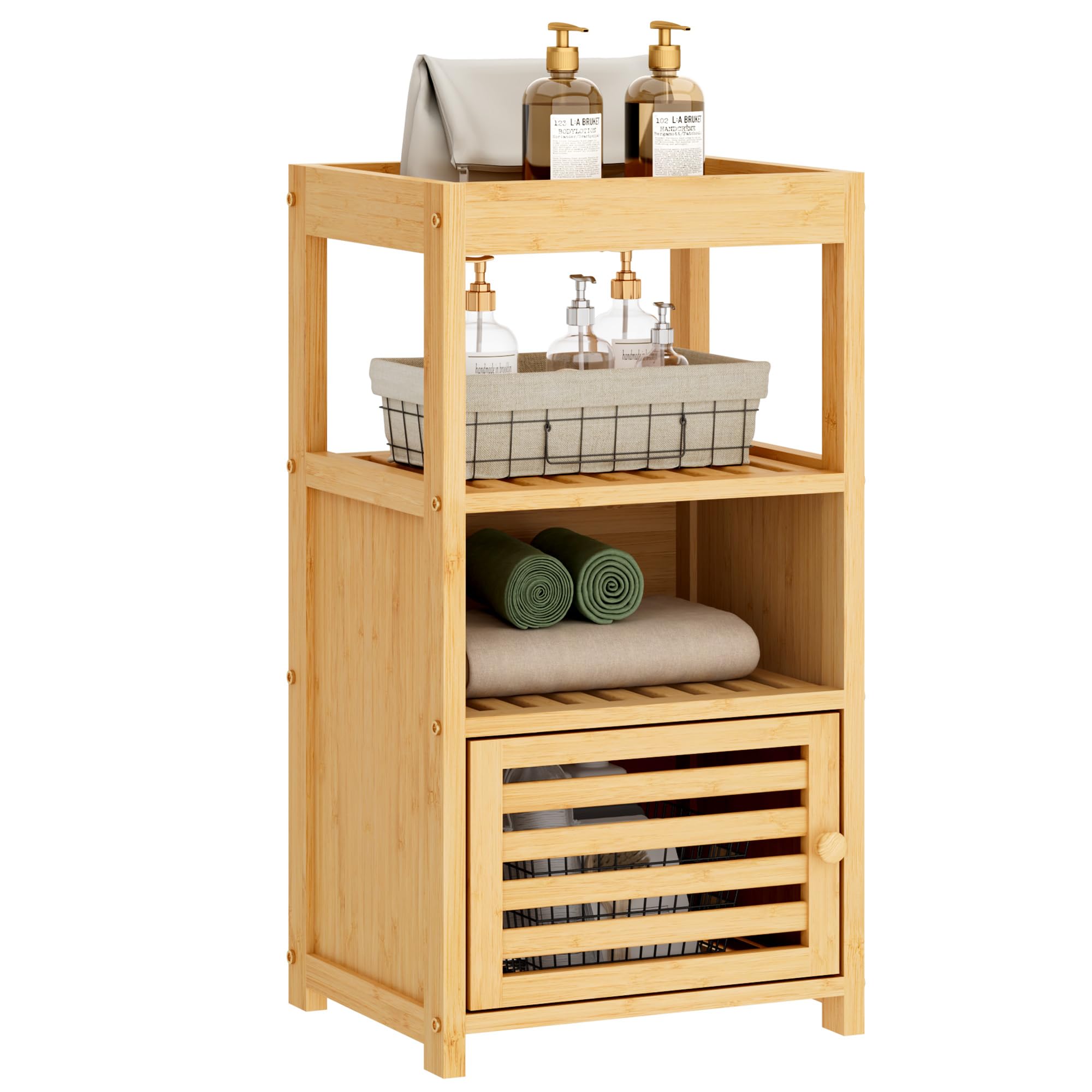 SogesPower Mobile da bagno in bambù a 4 livelli | Armadio salvaspazio 34x30x70cm con vassoio anti-caduta, design naturale, adatto per bagno soggiorno e camera da letto