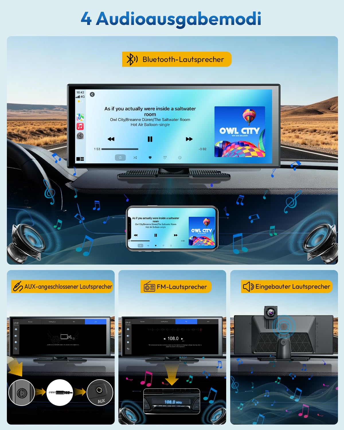 ESSGOO 11 Zoll CarPlay Android Auto Display Wireless,4K 360° Fahrzeugkamera | Apple CarPlay Bildschirm,1920×720 Touchscreen,1080P Rückfahrkamera,Bluetooth 5.3,Mirror Link,GPS,Sprachsteuerung,Autoradio