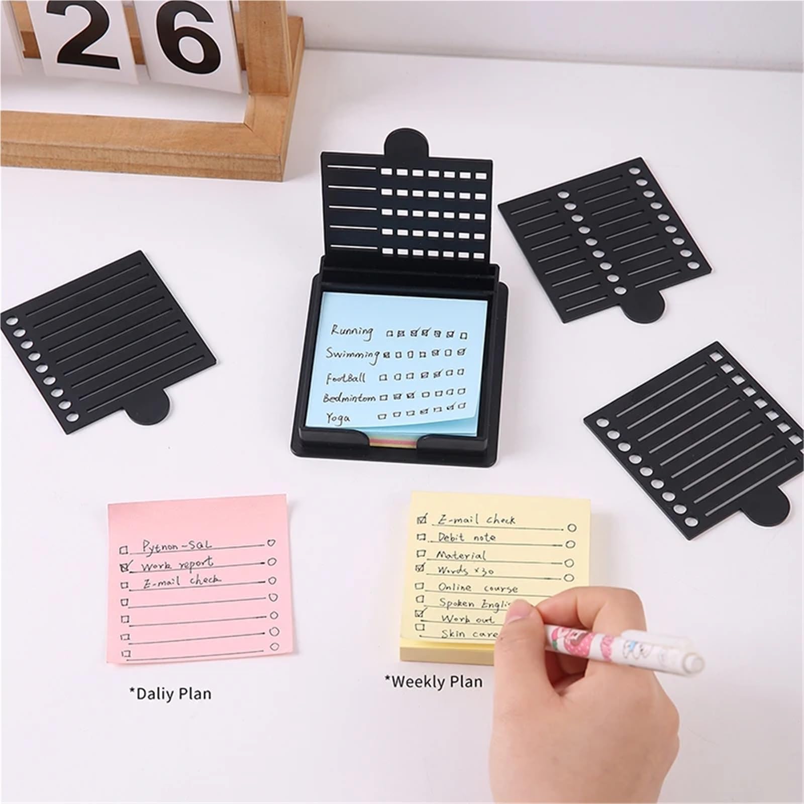 Organizador de escritorio para notas adhesivas, dispensador de notas adhesivas con plantillas – 3/5 juegos para ahorrar espacio (amarillo, 5 piezas)