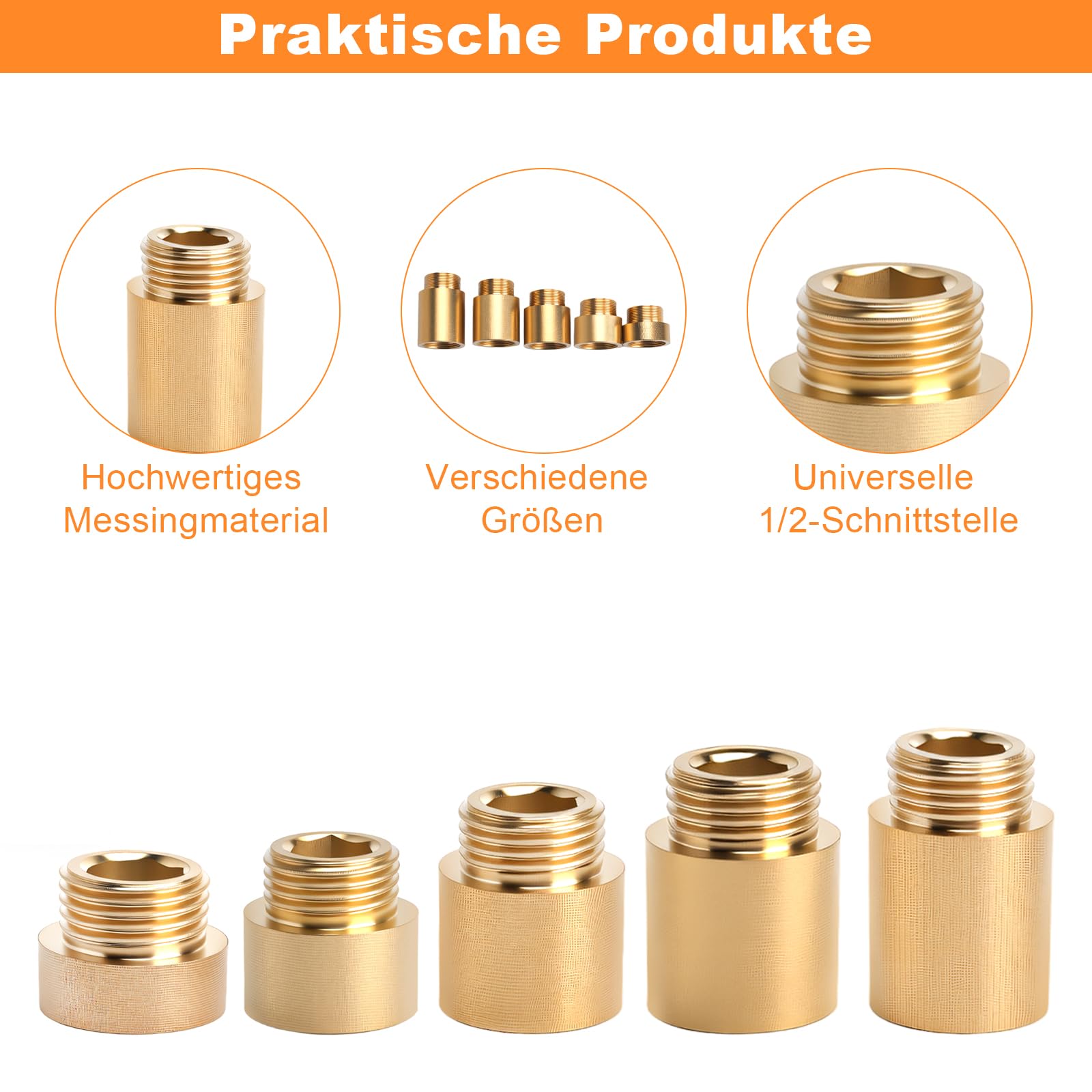 5 Piezas de Extensión para Grifo de 1/2 Pulgada, Extensión para Grifo de Latón, Extensións De 1/2 Pulgada X10 mm/15 mm/20 mm/25 mm/30 mm, para Grifos, Agua Potable, con Cinta de Materia Prima
