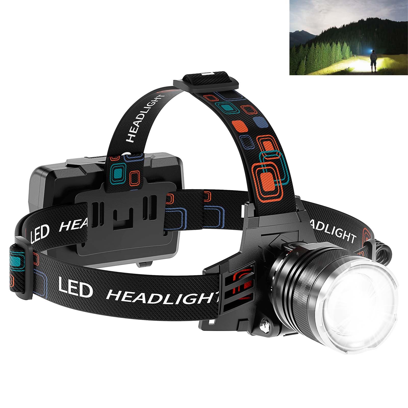 Linterna frontal recargable superbrillante, 5 modos de luz para la frente con zoom, faro de alto lúmenes para adultos, impermeable, luz frontal ajustable de 90° y 9000 mAh de largo tiempo de