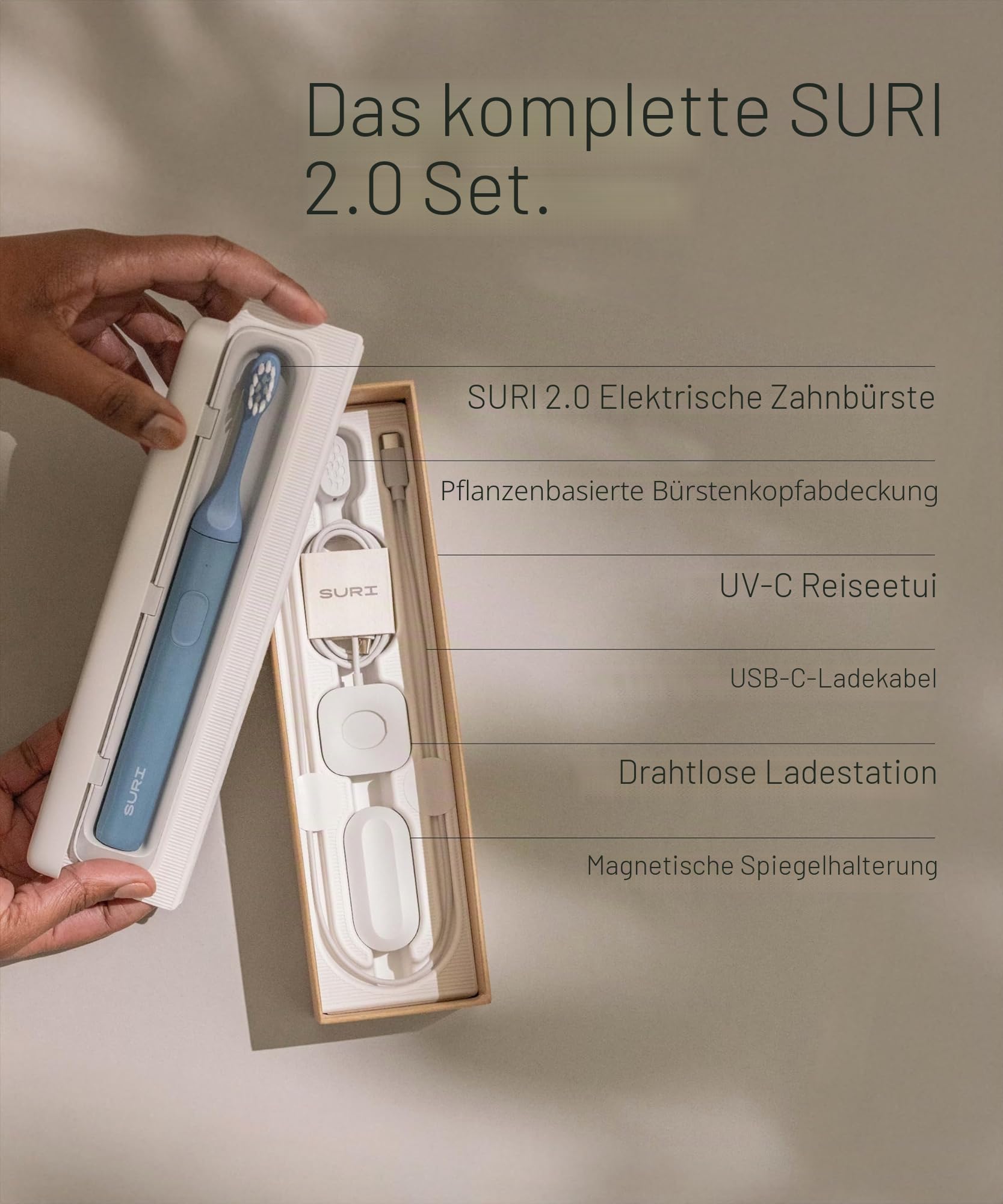 SURI 2.0 Neue Sonic Elektrische Zahnbürste mit Drucksensor & UV-Reinigungs-Reiseetui | 40+ Tage Akku | Designed in London | Elektrische Zahnbürste für Erwachsene | Reisezahnbürsten | Zahnbürste | Blau