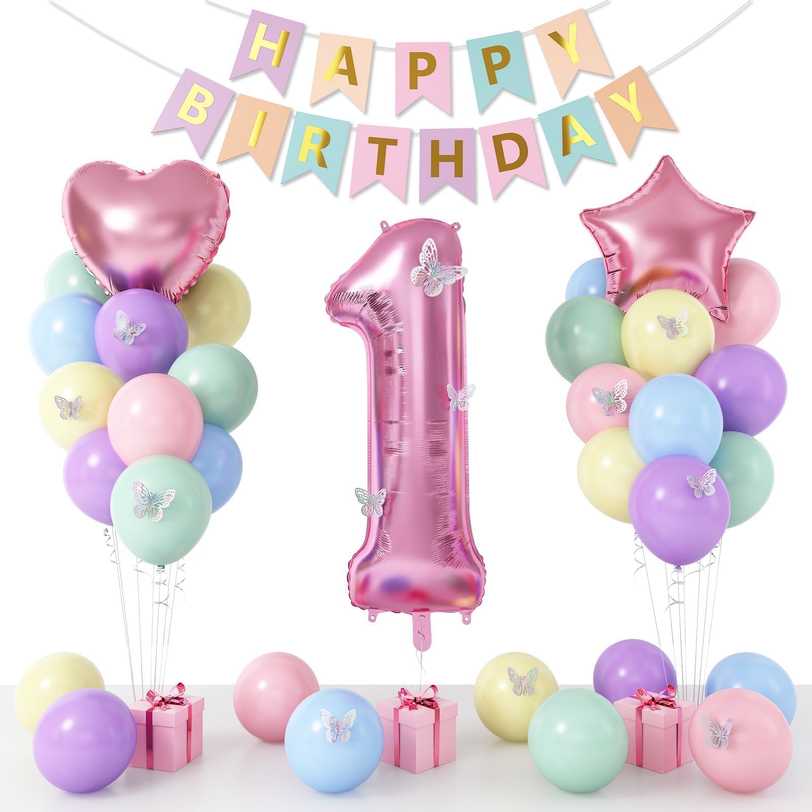 1st Birthday Decoration for Girls, Pastel Macaron 1st Birthday Balloon, Pink Number 1 Balloon with Butterfly Stickers, Star Heart Foil Balloons Banner Set for Baby 1 Year Old Party DecorCarbonfree Certified
