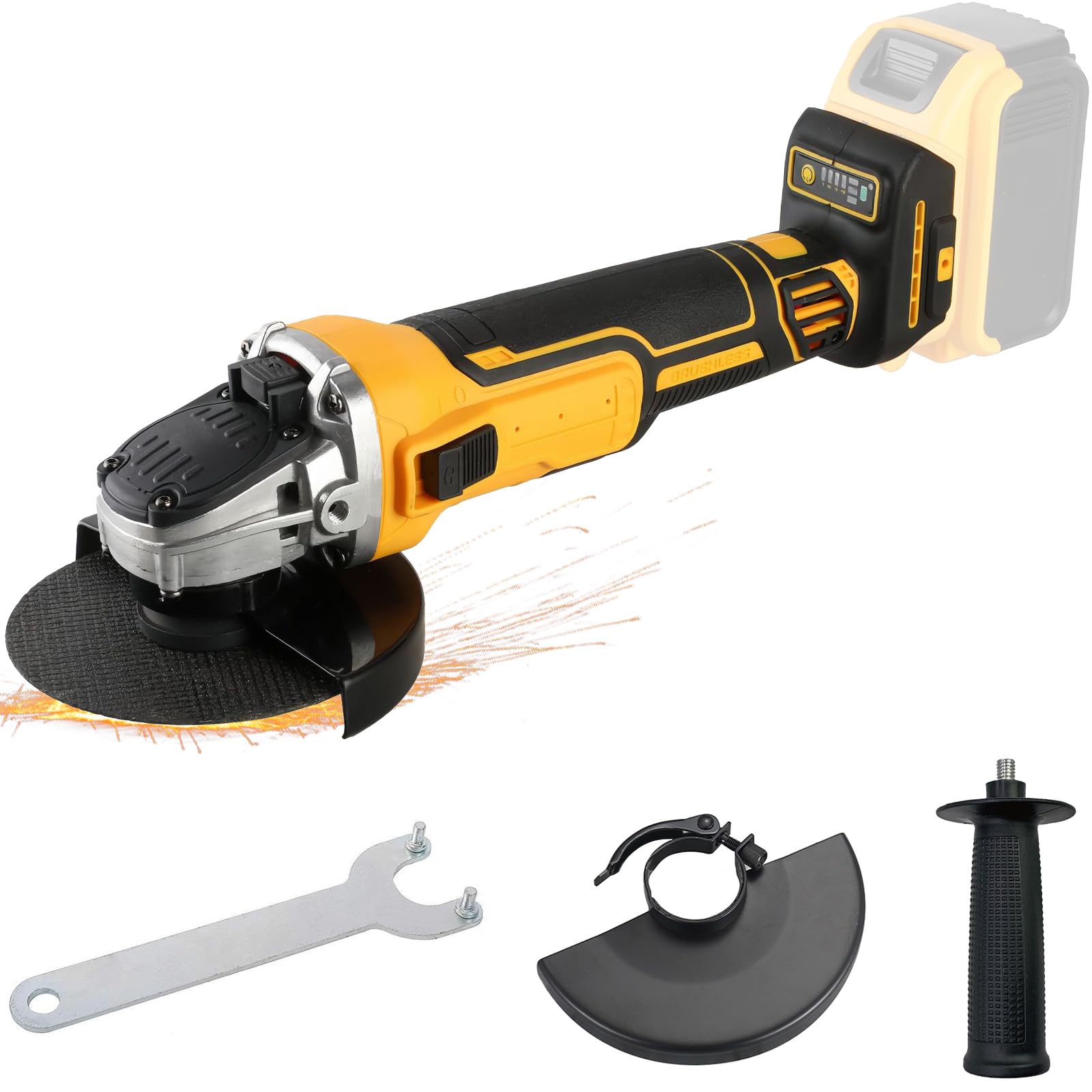 Smerigliatrice angolare senza fili compatibile con batteria Dewalt 18V 20V - Potente strumento smerigliatrice da 125 mm con impostazioni a 3 velocità, motore brushless da 10000 giri/min, protezione