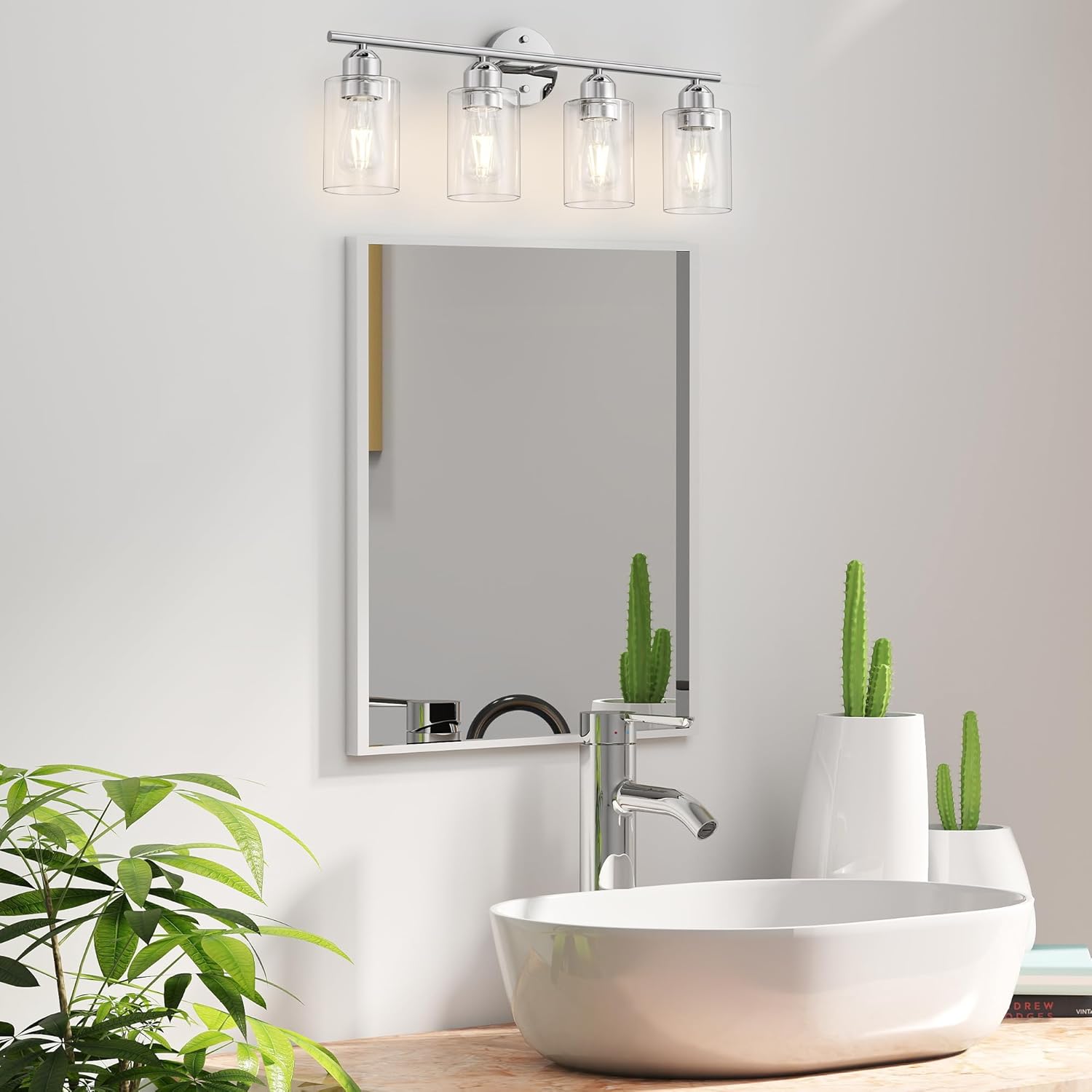 Espird Bathroom Vanity Light Fixtures Polished Chrome,4 Lights Rustic Farmhouse Vanity Bar Lighting Over Mirror Modern Industrial Wall Sconces Lamp with Cylinder Glass Shade