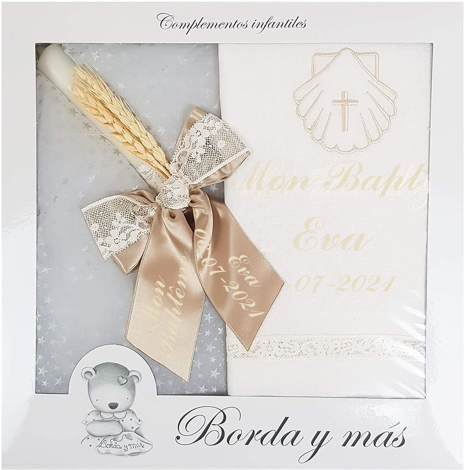 Kit de Baptême - Bougie et Lange Personnalisés - Modèle Paris (Camel)