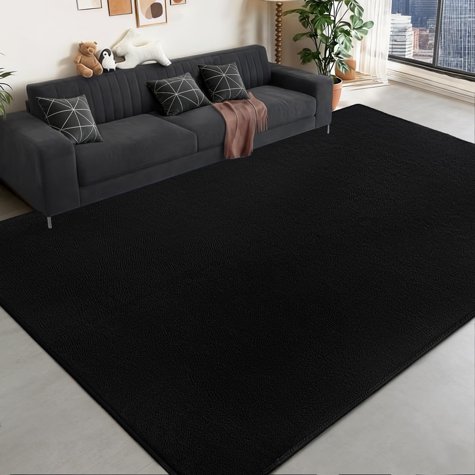 Large Area Rugs for Bedroom Living Room - 6x9 Feet Ultra Soft Black Rug Thickened with Memory-Foam Solid