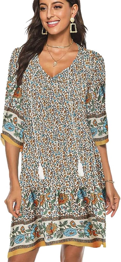 Halife Women's Summer Casual Floral Print Retro V Neck Tassel Bohemian Dresses Beige M