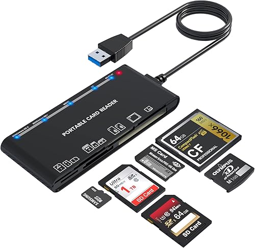 B0B315JLS4_image_0 Lector de tarjetas de memoria USB 3.0 Extensión mejorada 7 en 1 Adaptador multitarjeta 5Gbps lectura escritura para SD SDXC SDHC CF CFI TF XD Micro