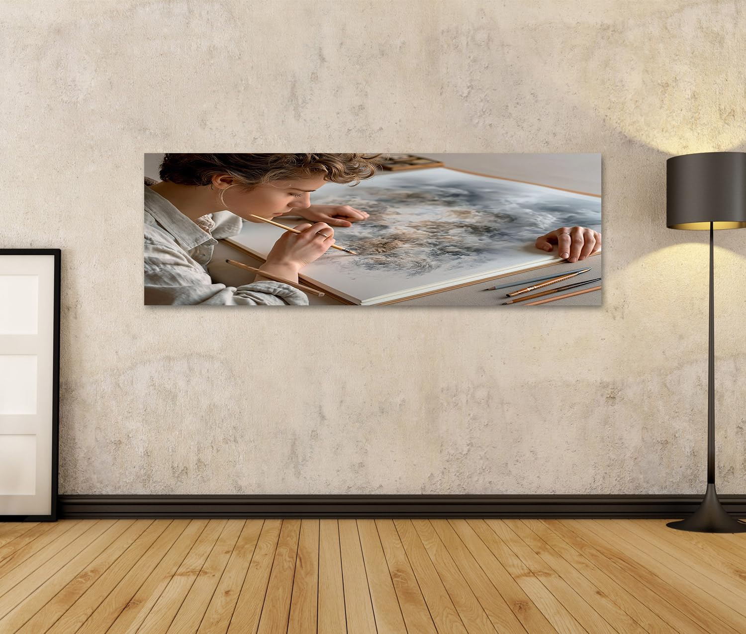 islandburner Bild auf Leinwand Faszinierende Bleistiftkunst Wandbild für das kreative Büro - Für Kunstliebhaber - Panorama