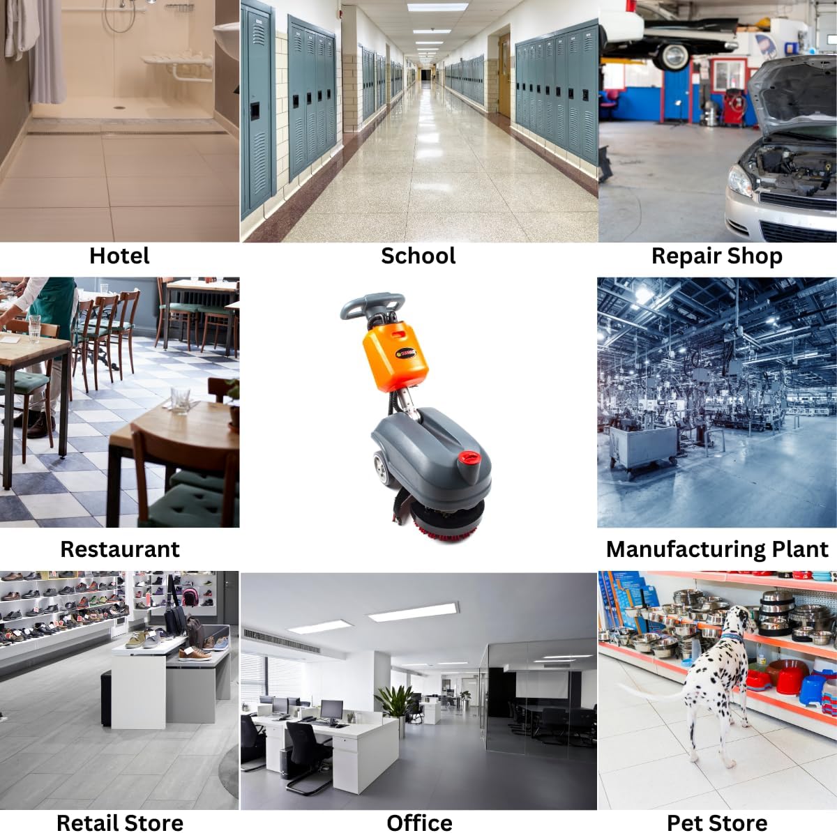 Various commercial environments where the SUNMAX RT15+ floor scrubber can be used, including hotels, schools, repair shops, restaurants, manufacturing plants, retail stores, offices, and pet stores.
