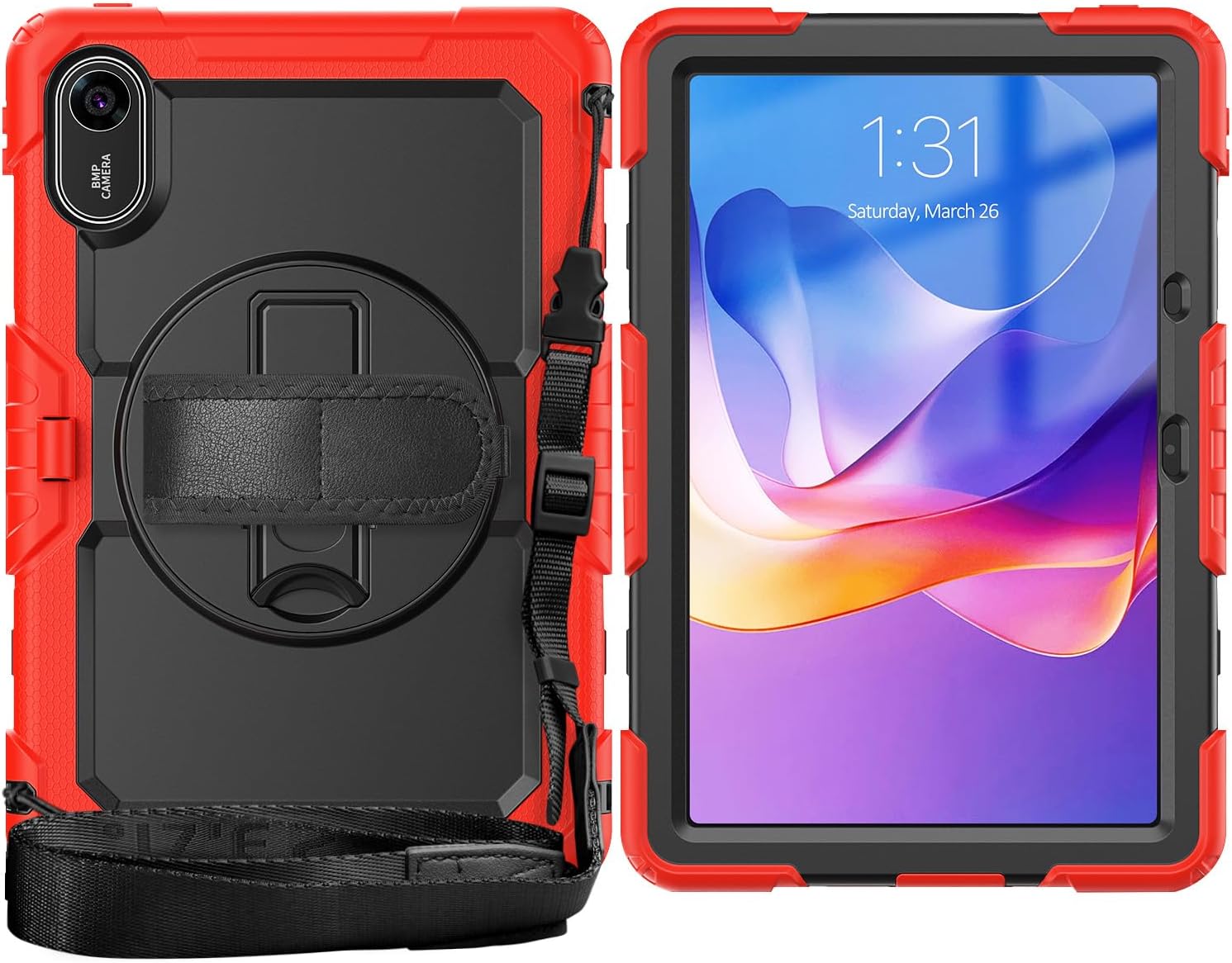 Compatible with Xiaomi Redmi Pad 2 11 inch Released 2025 Case with Screen Protector Heavy Duty Shockproof Protective Case Drop-Proof Cover Swivel Kickstand+Handle+Strapp Silicone Cover(Red)