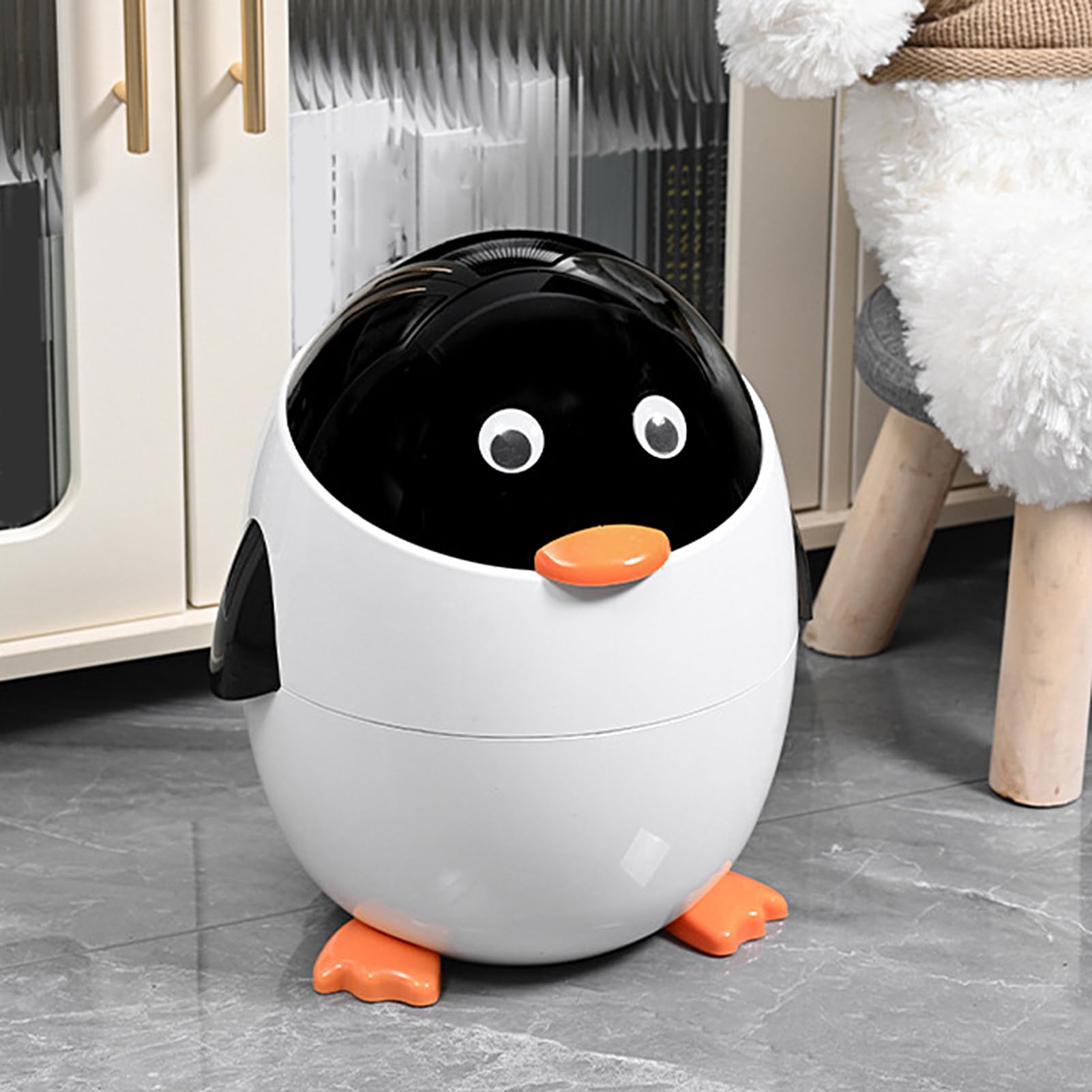 Penguin -Müll kann - süßer Tierabfallbehälter, kompakter Tischmüllbehälter | Dekorative Heimbüros Schreibtisch Mini -Mülleimer, pinguinförmiger Müllkorb mit Schwungdeckel für Schlafzimmer Küch
