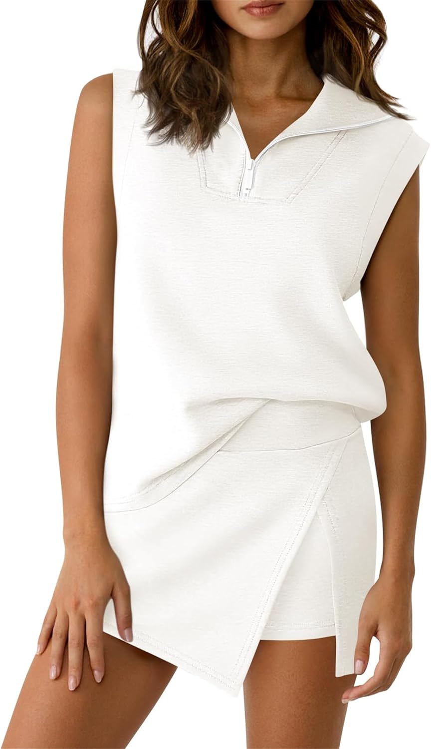 Womens Two Piece Skirt Set Summer Sleeveless Collared Half Zip Sweatshirt Athletic Skorts Tennis Outfit Sweatsuits Lounge Set