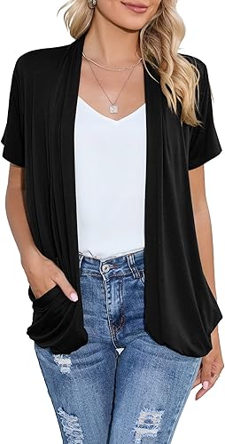 HIYIYEZI Cárdigan abierto al frente para mujer, con bolsillos, ligero, manga corta, con volantes al frente, cárdigan tipo kimono duster