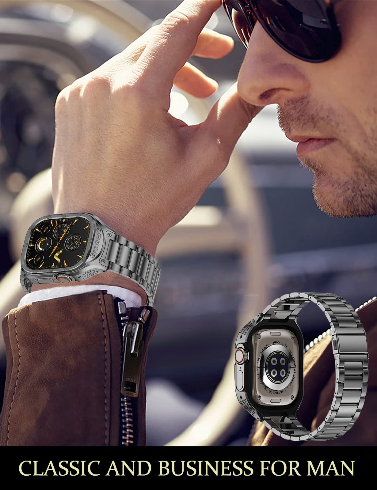Coque et bracelet en acier inoxydable pour Apple Watch de 45 mm, coque robuste pour Apple Watch avec bracelet iWatch en métal pour homme, séries 9, 8, 7, gris