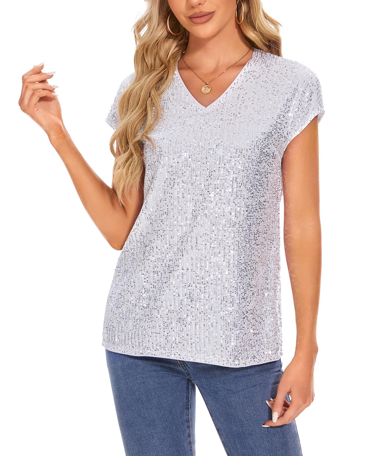 Hauts pour femme - Chemises à paillettes scintillantes - Col en V - Tunique ample à paillettes - Style décontracté