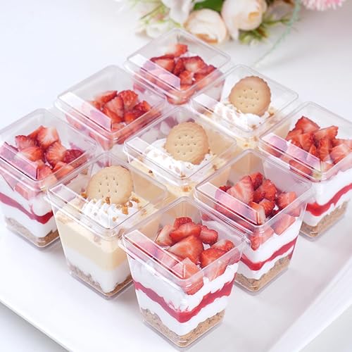 Miniatura 7 de Paquete de 100 vasos cuadrados de plástico transparente de 5 onzas con tapas y cucharas, mini vasos para servir para fiesta de degustación, postres,