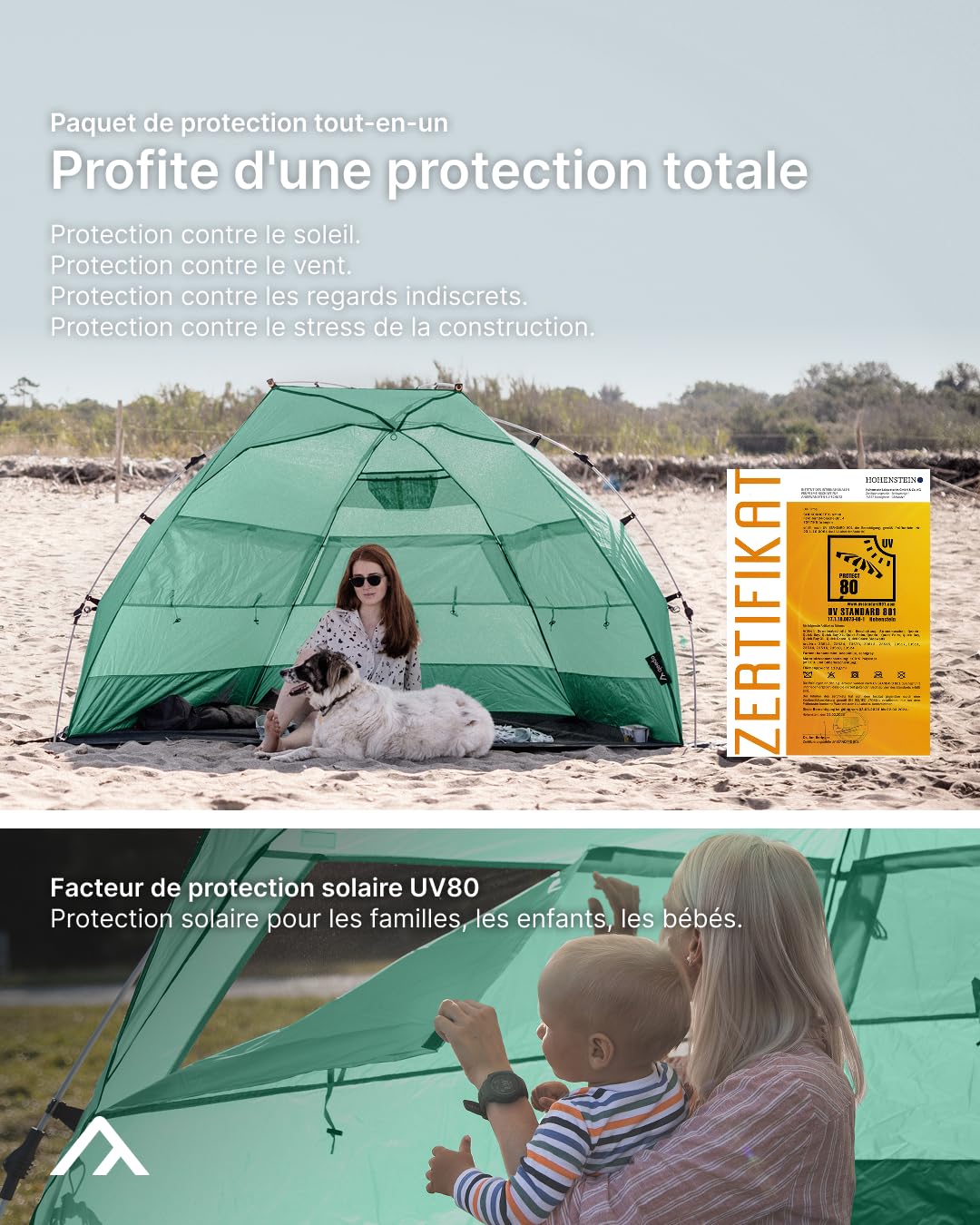 qeedo Quick Bay Tente de Plage (UV80) pour 2 Personnes avec Roll-in-Bag, piquets en Plastique et Cordes d'ancrage - Protection Solaire pour familles, Enfants, bébés ou Chiens - Bahamamint