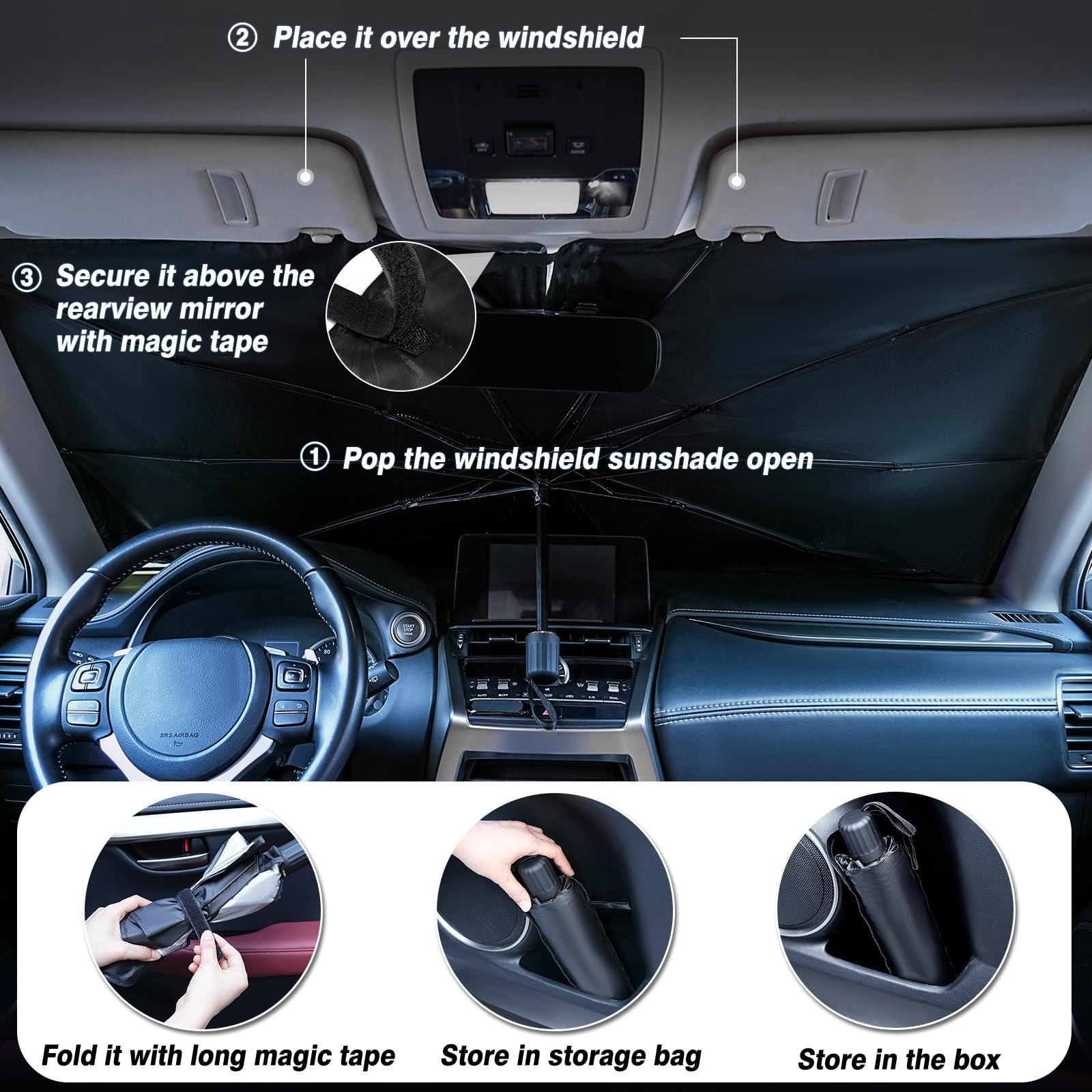 Parasol plegable para parabrisas de coche, parasol para ventana delantera para Hatchback, camión, SUV, MPV (59 x 33.5 pulgadas)