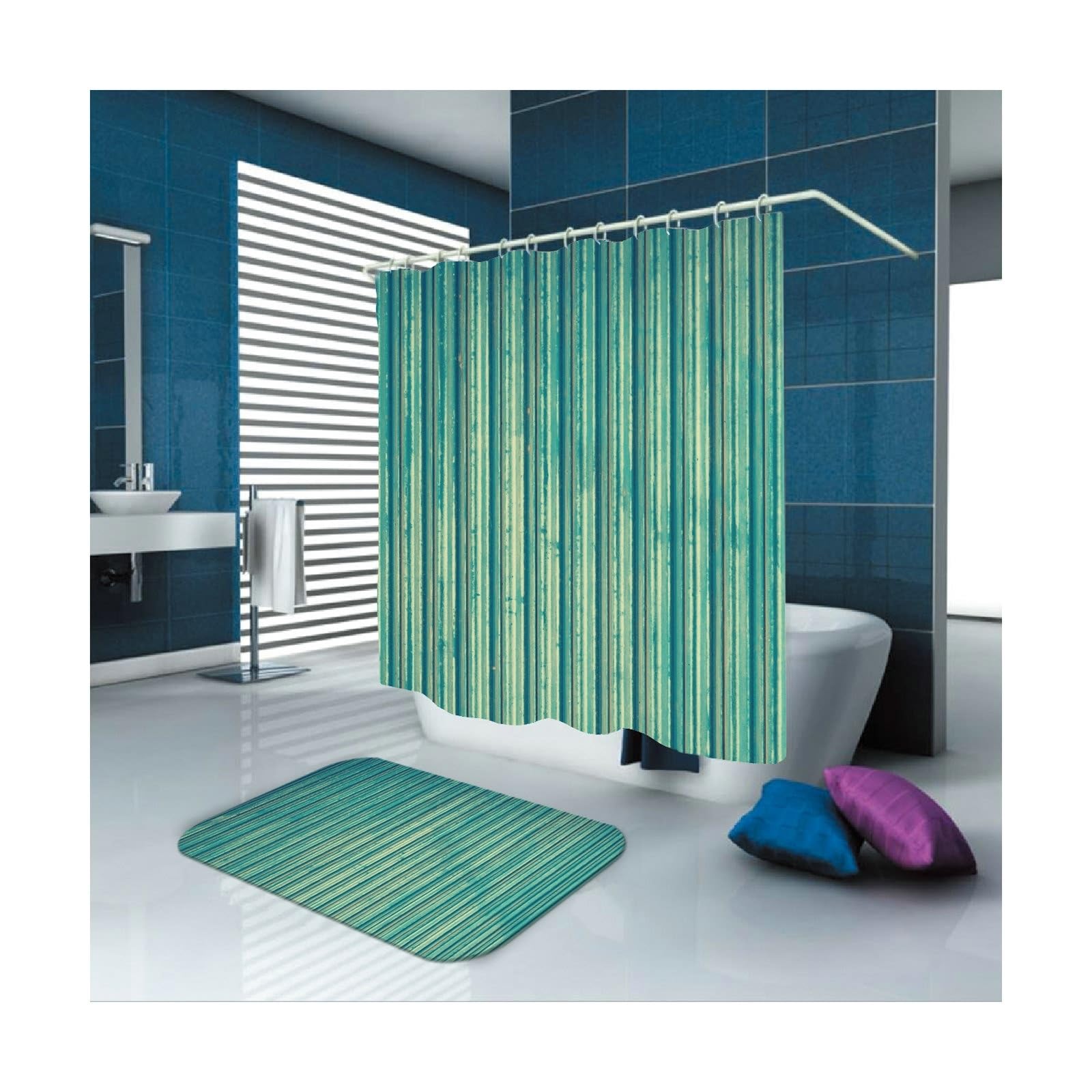 Cortina de ducha de tela azul 165 x 180 cm, diseño de rayas, poliéster, lavable, tela de 1,65 x 1,8 m de largo (ancho x alto) con anillas para cortina de ducha