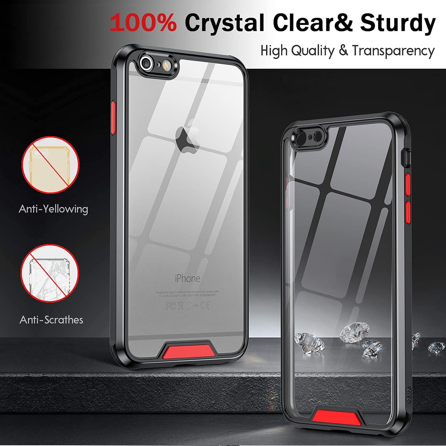 LeYi Compatible for iPhone 6S Plus Phone Case, 6 Plus iPhone Case with 2 Tempered Glass Screen Protector, Clear Back Shockproof [Unique Buttons] Protective Phone Case for iPhone 6/6S Plus, Black-Red