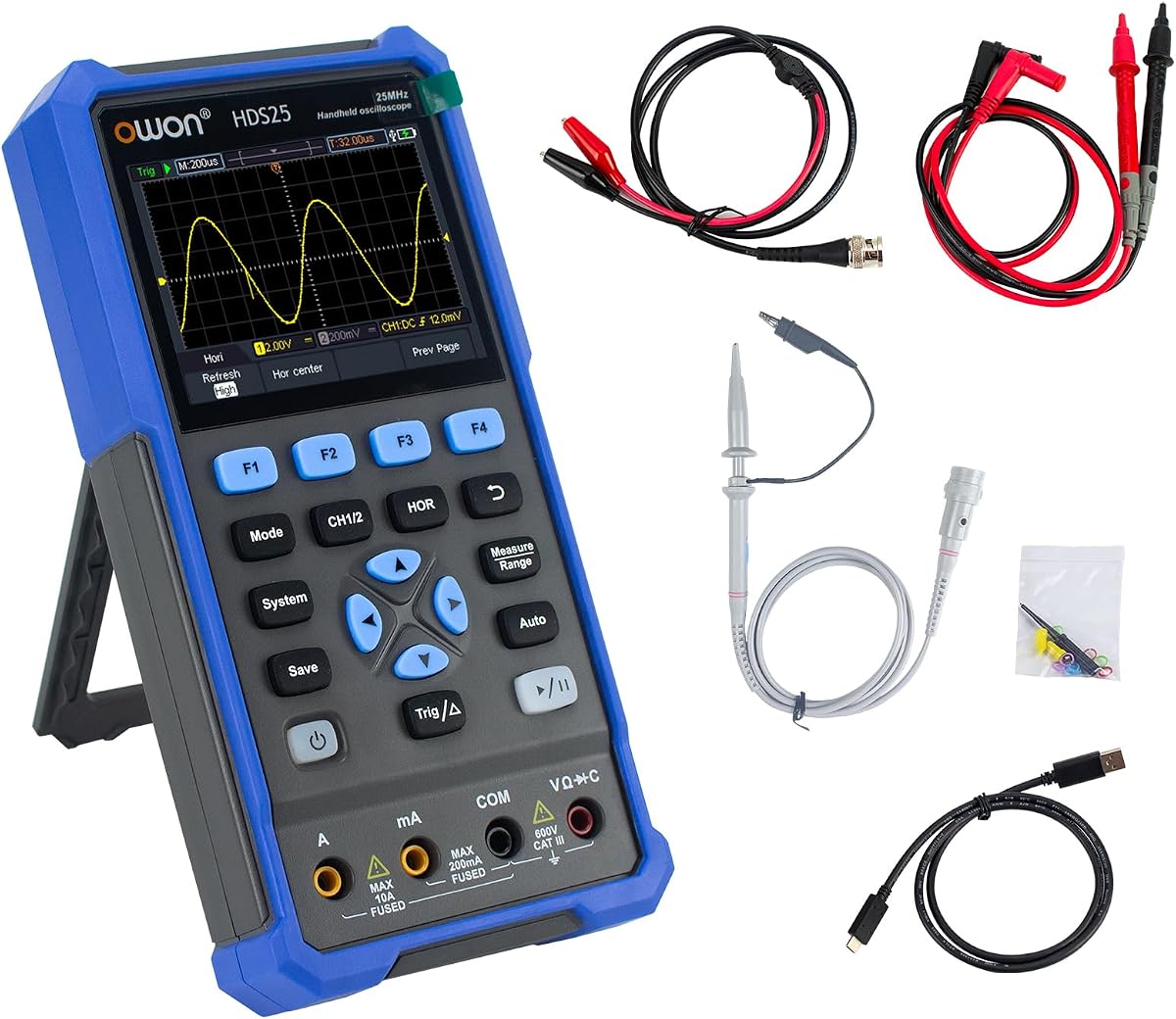 Osciloscopio de mano, multímetros de osciloscopio multifuncionales digitales, instrumento de prueba universal portátil 2 en 1 de 20000 cuentas, con pantalla LCD de 3,5 pulgadas, ancho de banda de 2 canales y 25 MHz HDS25