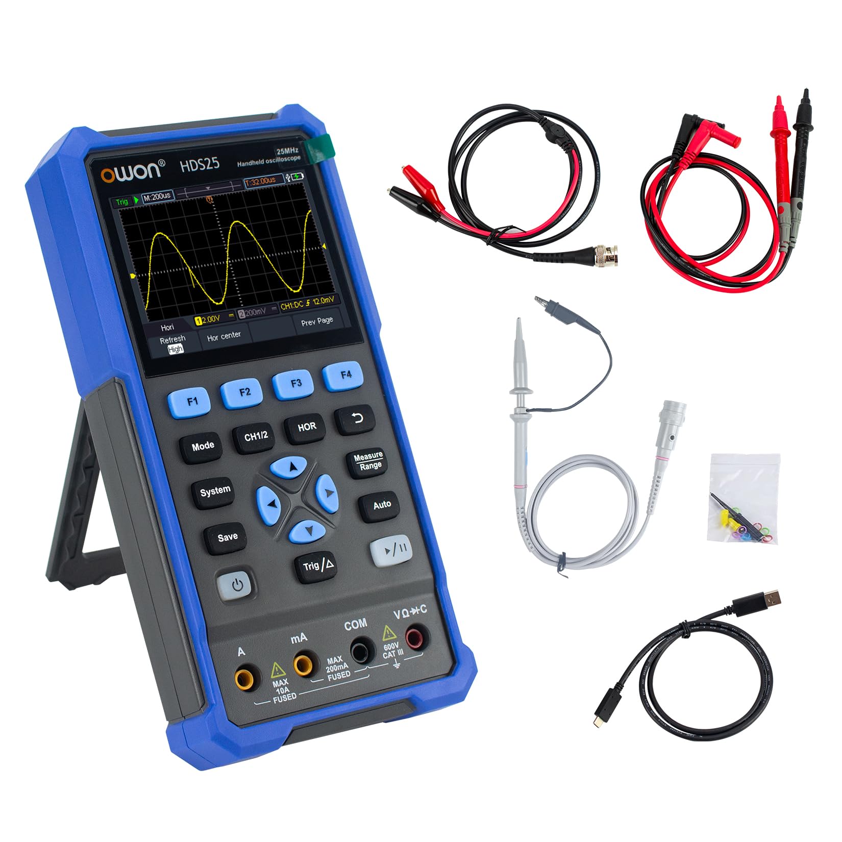 Oscilloscopio portatile, oscilloscopio multimetro multifunzione digitale, 20000 conteggi, tester universale portatile 2 in 1, con display LCD da 3,5 pollici, 2 canali, larghezza di banda 25 MHz, HDS25