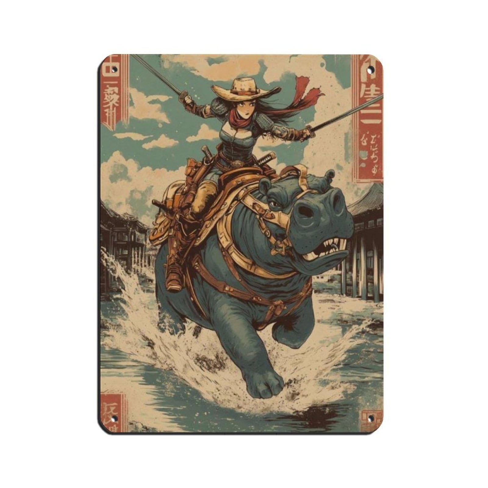 Lxwnze 30L X 40W Cm Samurai Woman Riding Hippo,Art Poster Tin Sign Vintage Metal Pub Club Cafe Bar Home Wall Art Decoration Poster Retro 12X16inch(30X40cm)