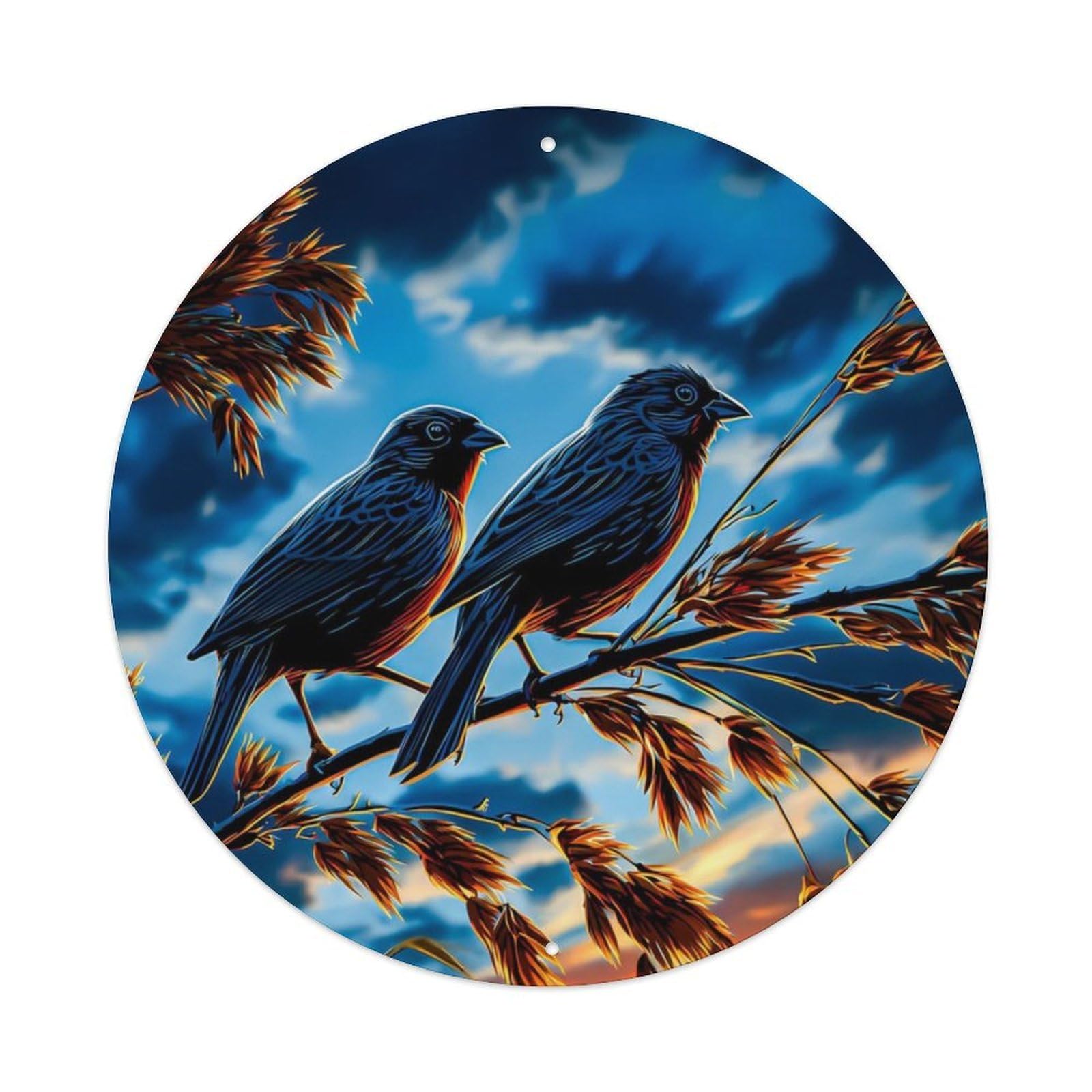 Animal Two Wild Songbirds Sunset Meadow Oatgrass Nature Landscape Vintage Metal Tin Sign Plaque Wall Decor for Cafe, Club Bar, Office, Garden Metal Poster 8x8Inch