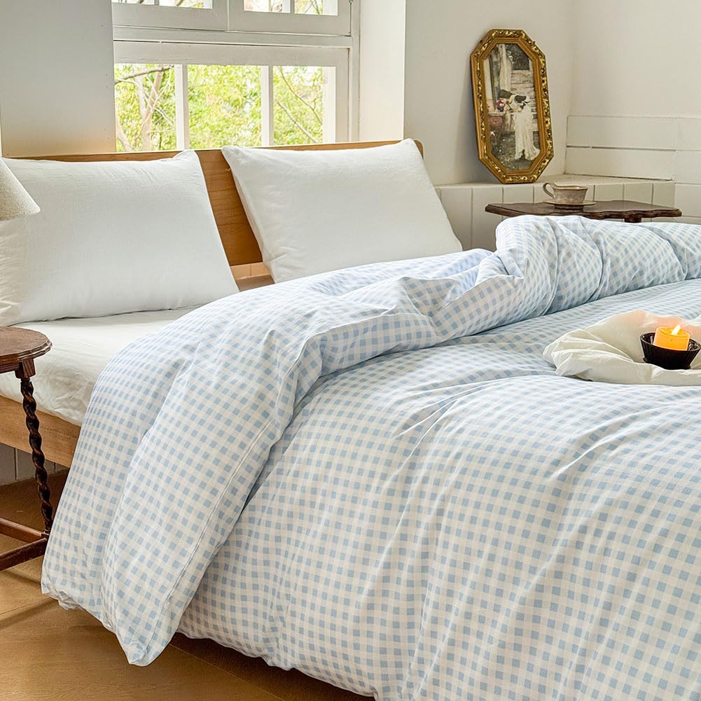 Nsnlgsgc Light Blue Gingham (No Blanket) Light Blue Gingham Cotton Weighted Blanket Cover 88"X104", Blue Checked Plaid Duvet Cover For Weighted Blanket, Grid Cotton Heavy Blanket Duvet Cover (Light Blue Gingham, 88"X104")