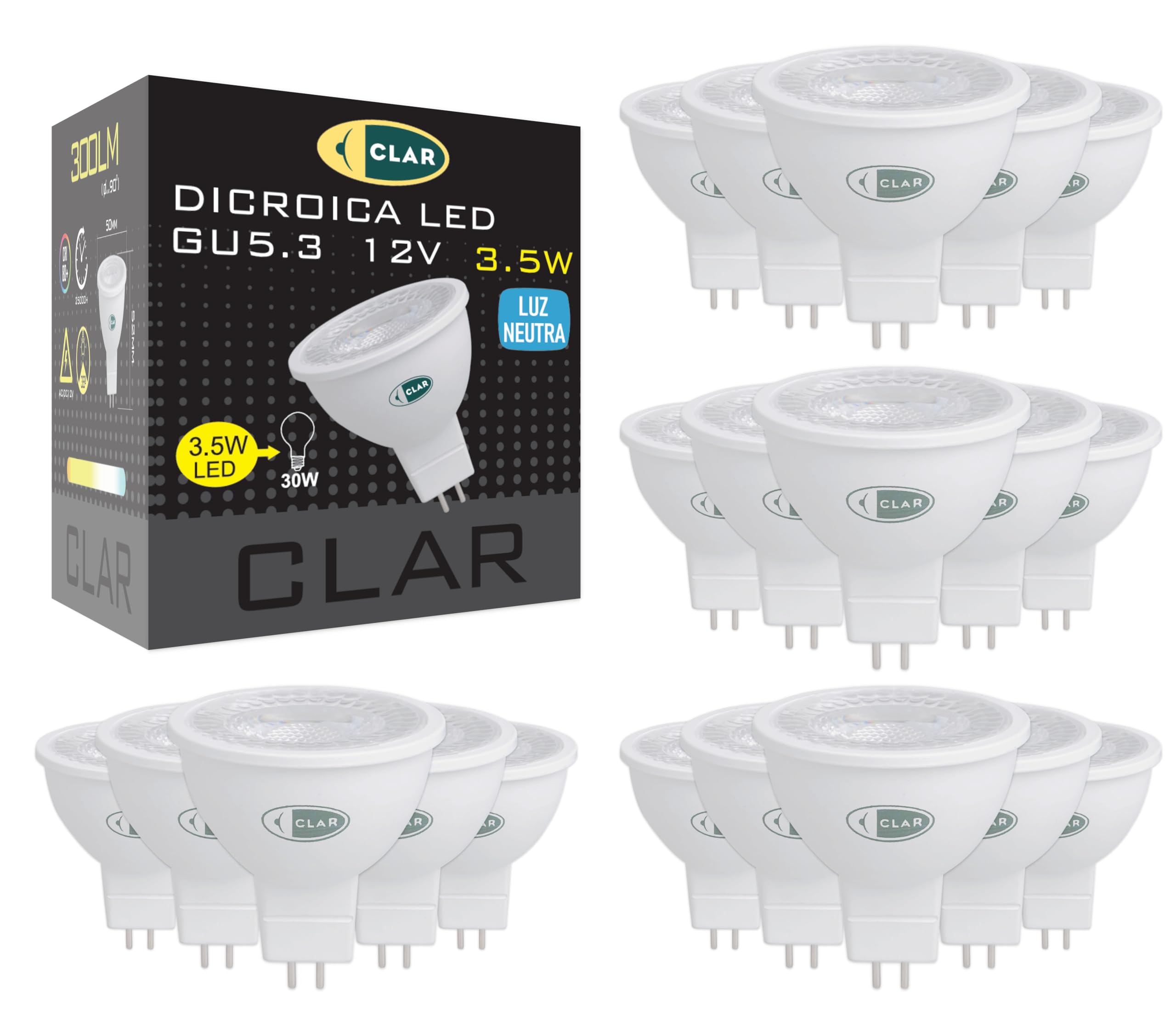 CLAR - Lampadina LED GU5.3, Faretto 12V, Luce Naturale 4000K 3,5W (Pack 20)