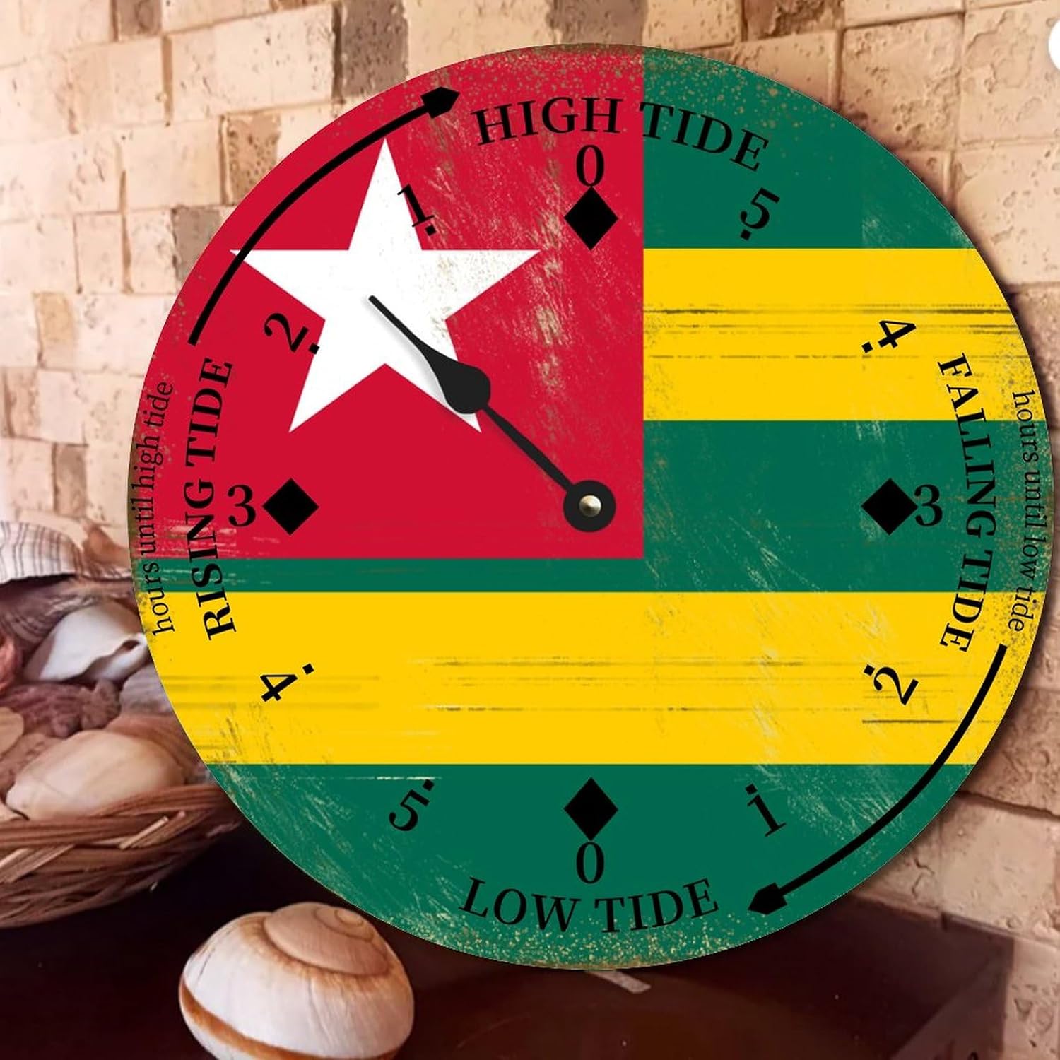Vintage Togo National Flag Tide Clock Togo Wood Tidal Clock with High Tide Low Tide Non-Ticking Tide Clock 15in Wall Tide Movement Clock for Wall Decor Boat Accessories