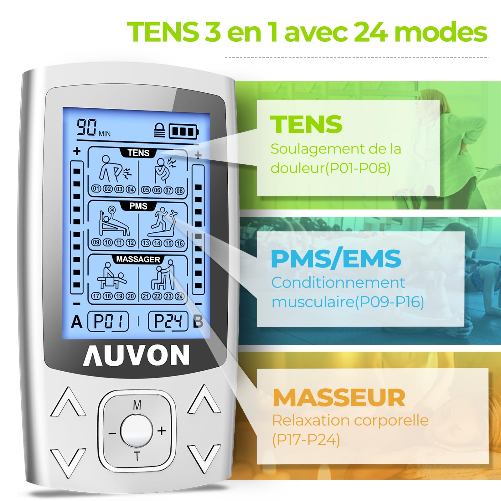AUVON 3 EN 1 TENS EMS Electrostimulateur Musculaire de Canaux Double pour le soulagement de la douleur, la stimulation musculaire, et la massage relaxation, 24 programmes de Massage + 12 électrodes