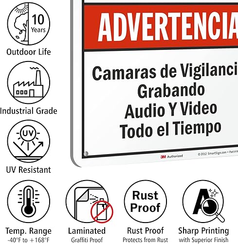 Vista 24 de SmartSign -S-9392-AL-14 Advertencia - Vigilancia de audio y video en servicio en todo momento Aluminio de 10" x 14" - Negro/Rojo sobre Blanco