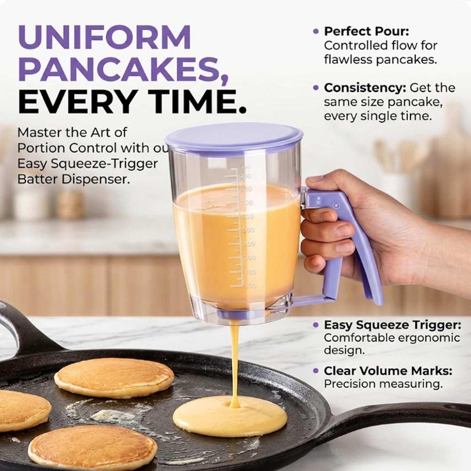 Pancake Dispensers With Squeeze Handle - 900ml/32oz Pancake Batter Dispenser Bottle –Cupcake Measured Batter Dispenser with Measuring, for Pancakes, Waffles, Cup Cakes, Rinse (2pcs)