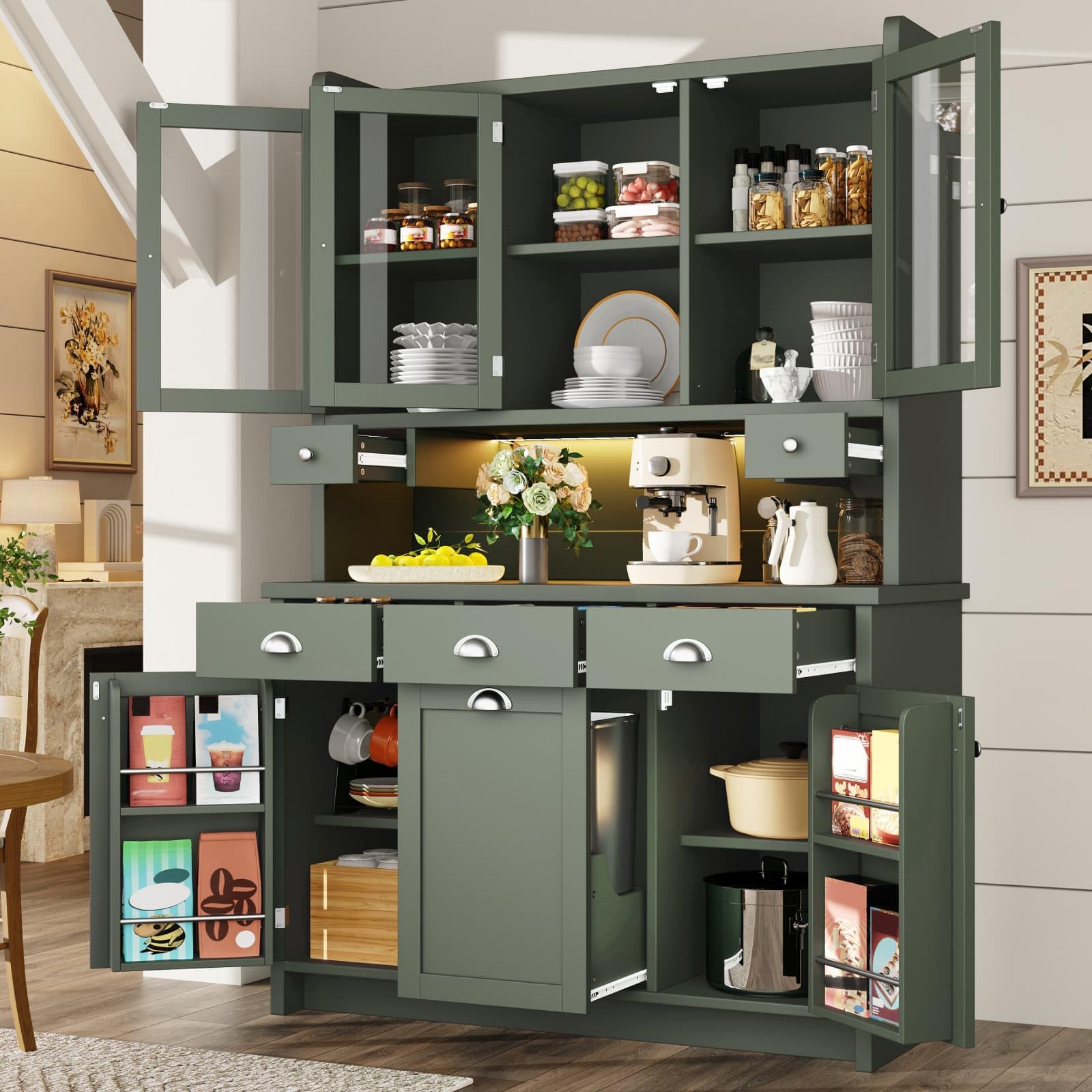KOMHTOM Armoire de Cuisine, Armoire de Salle à Manger, Buffet, Dispositif Anti-basculement, avec éclairage LED, Porte Coulissante en Verre et 2 Tiroirs de Rangement (Vert-12)