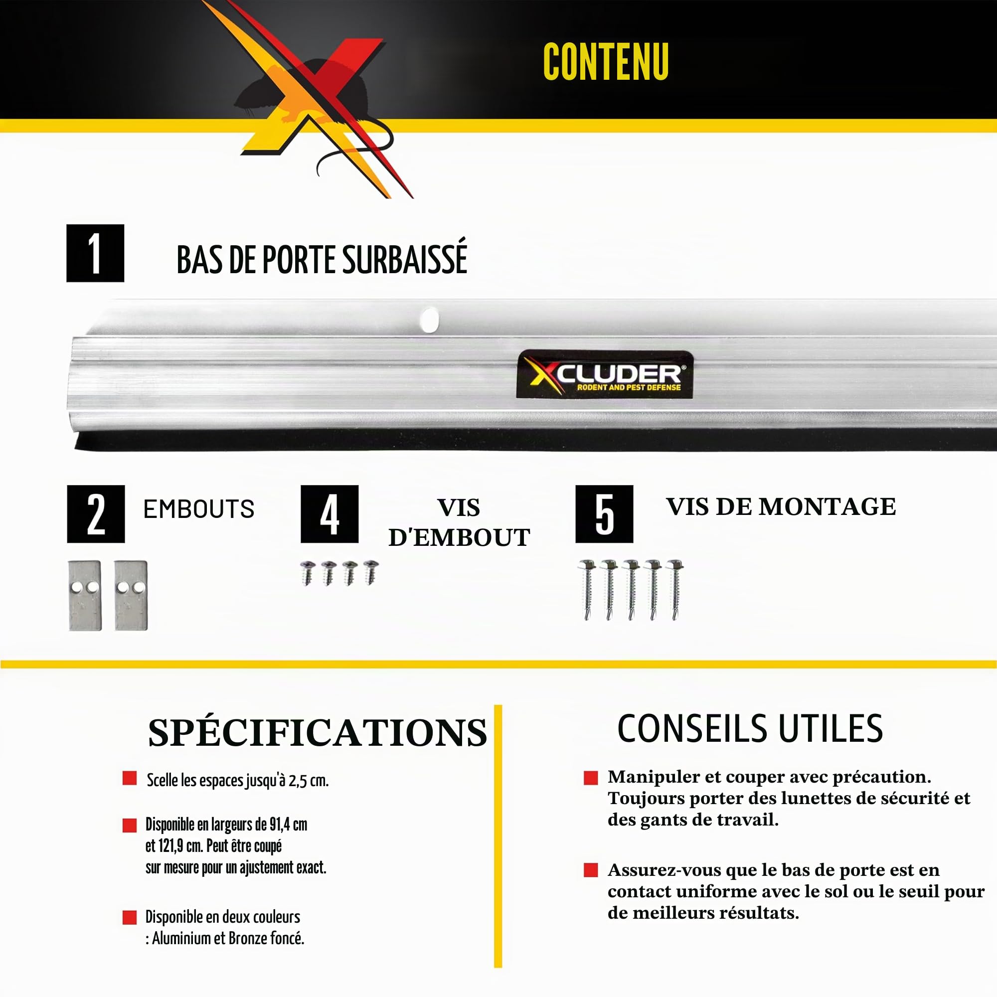 Xcluder Balai de porte à profil bas de 121,9 cm, aluminium – Scelle les animaux, étanchéité améliorée contre les intempéries, facile à installer, protection de joint de porte, anti-mastication