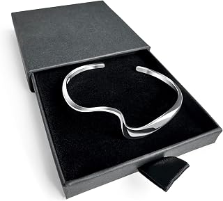 925 Sterling Silver Wave Bangle Bracelet for Women – Adjustable Silver Bracelet, Polished Torque Bangle in Gift Box