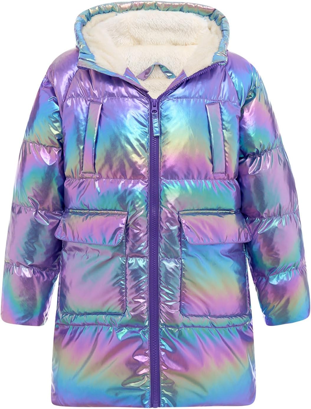 Cutemile 5-12 Years Girls Winter Long Fleece Coat Parka Metallic Puffer Jacket Outwear with Hooded