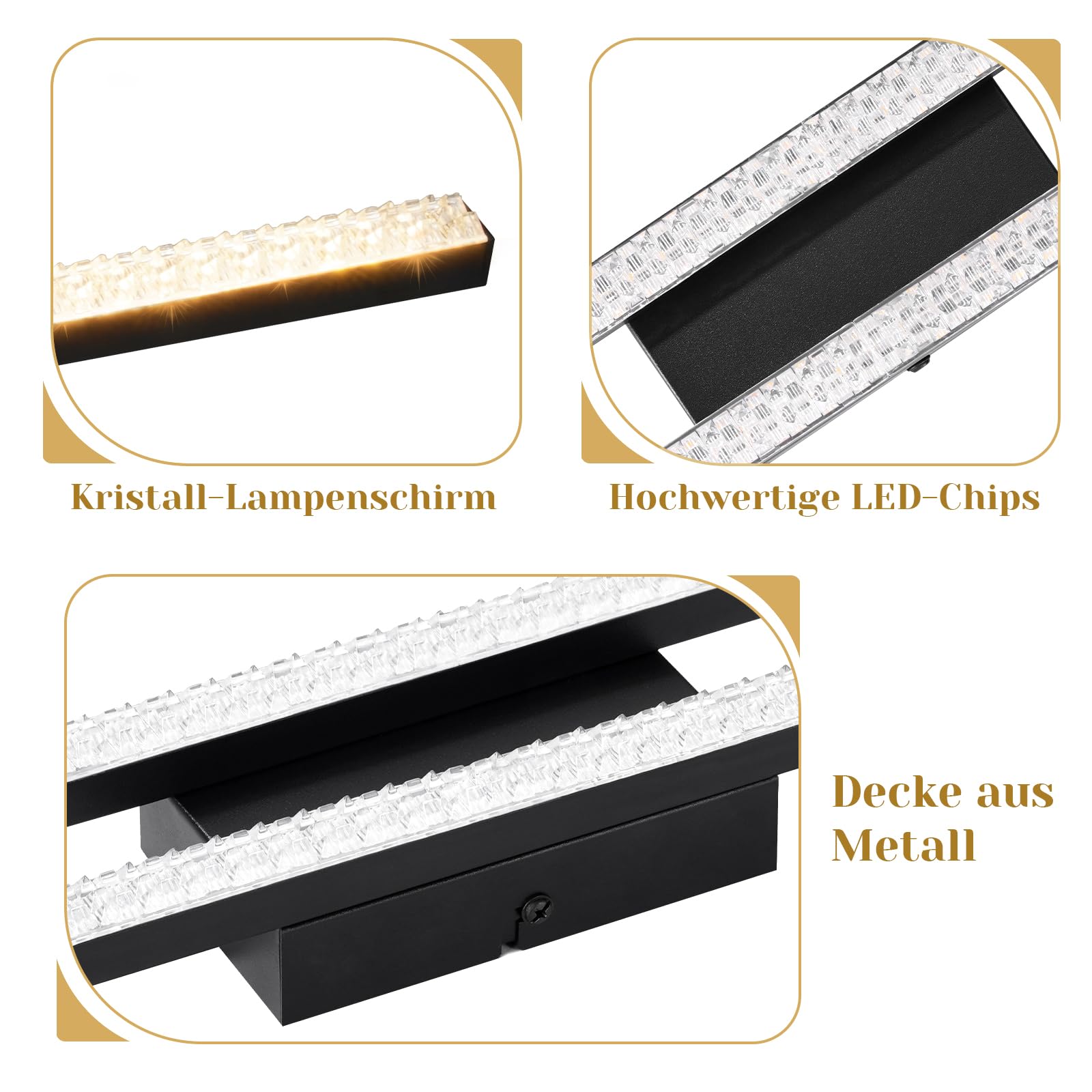 Glitzerlife Lampa sufitowa LED Czarna do korytarza - Lampa sufitowa kryształowa 61,5 cm Lampa kuchenna 2 płomienie Nowoczesna sypialni 12 W Ciepła biel 3000 K przedpokoju kuchennego