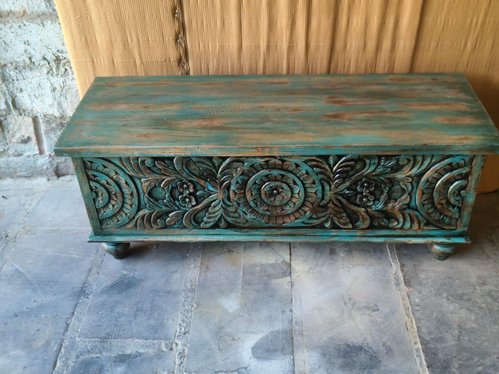 Handcrafted Wooden Storage Trunk Box with Carved Front, Vintage Teal Finish Blanket Box Bench Chest for Bedroom, Living Room, Entryway & Home Décor-image-37