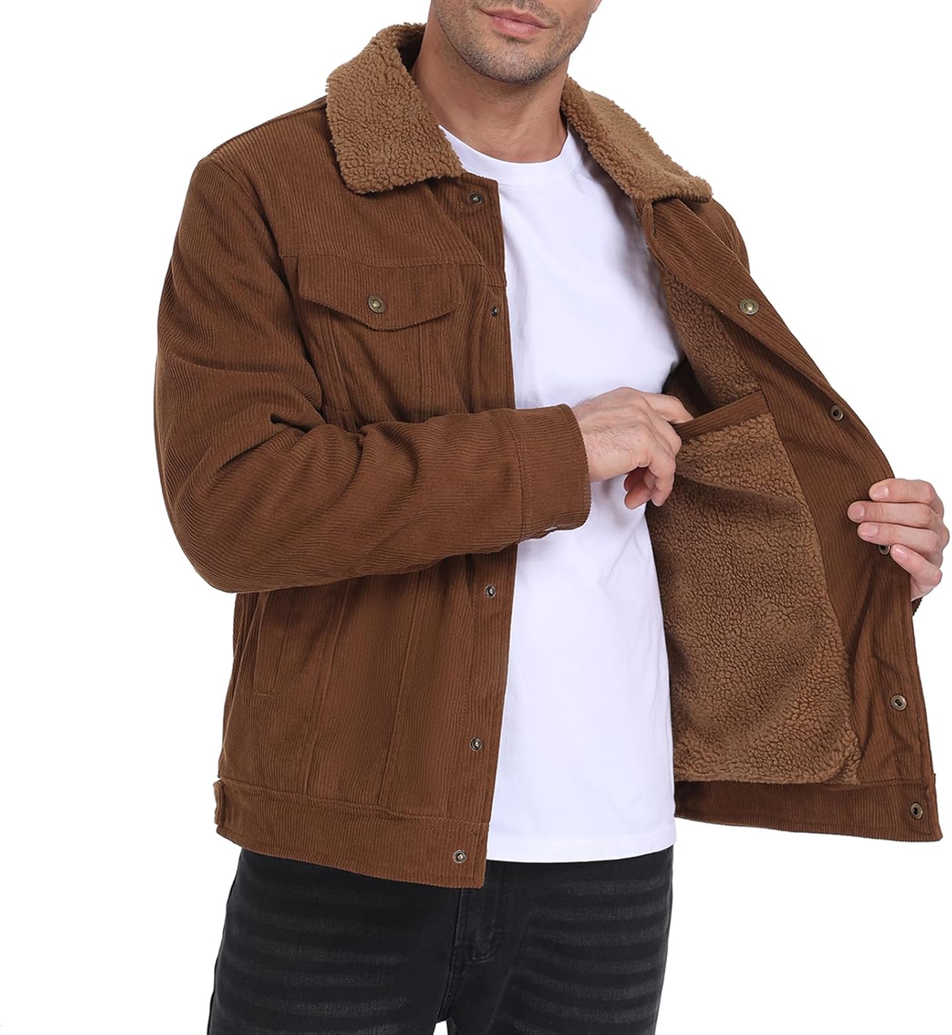 HOTIAN Men's Corduroy Jacket Sherpa Lined Fleece Trucker Jackets Lapel Collar Button Thickened Winter Warm Coat - Image 4